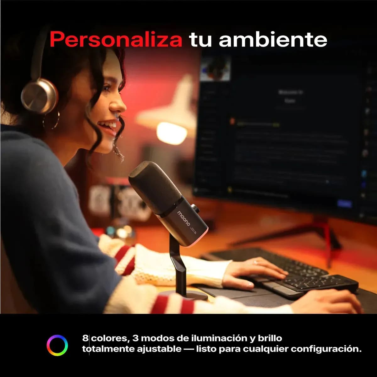 MICROFONO MAONO INALAMBRICO PD100W DINAMICO ANC USB 2.4GHZ RGB NEGRO - 6