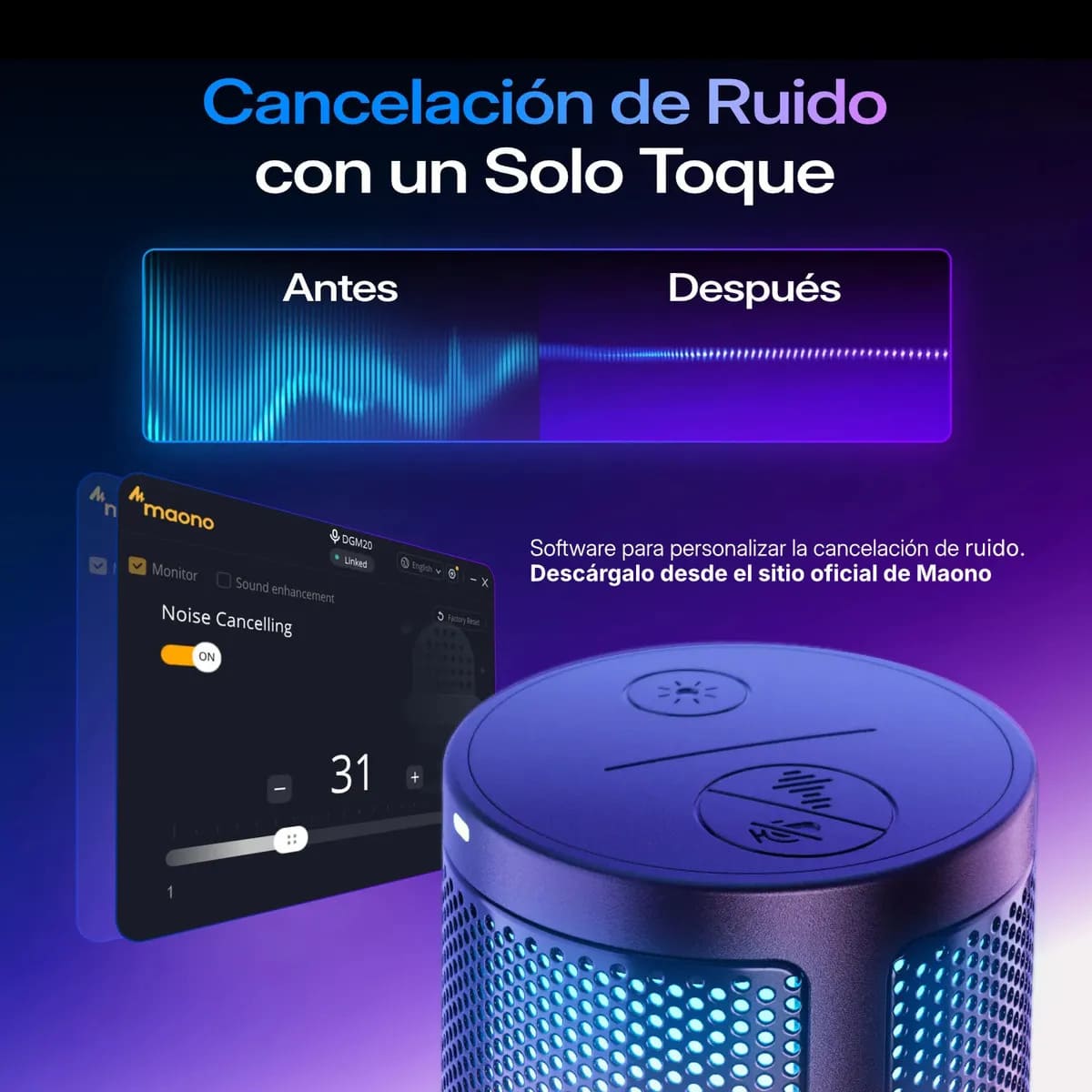 MICROFONO MAONO DGM20 GAMERWAVE USB RGB CANCELACION DE RUIDO STREAMING PODCAST - 3