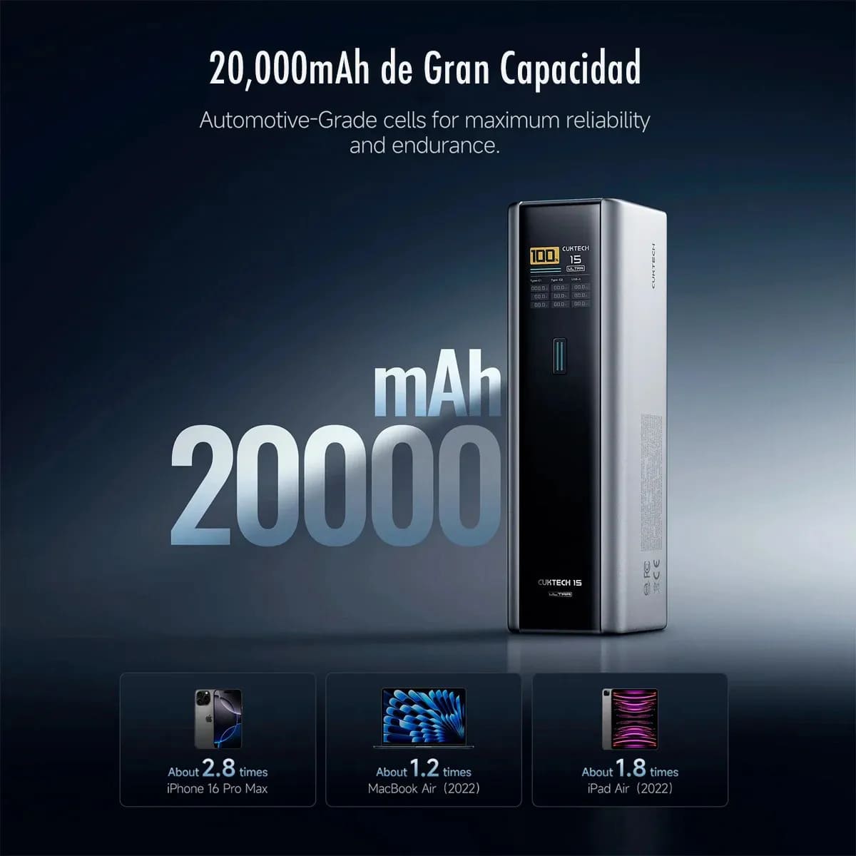 POWER BANK CUKTECH 15 ULTRA PB200U 20000MAH 210W TFT PD3.1 ALUMINIO - 3