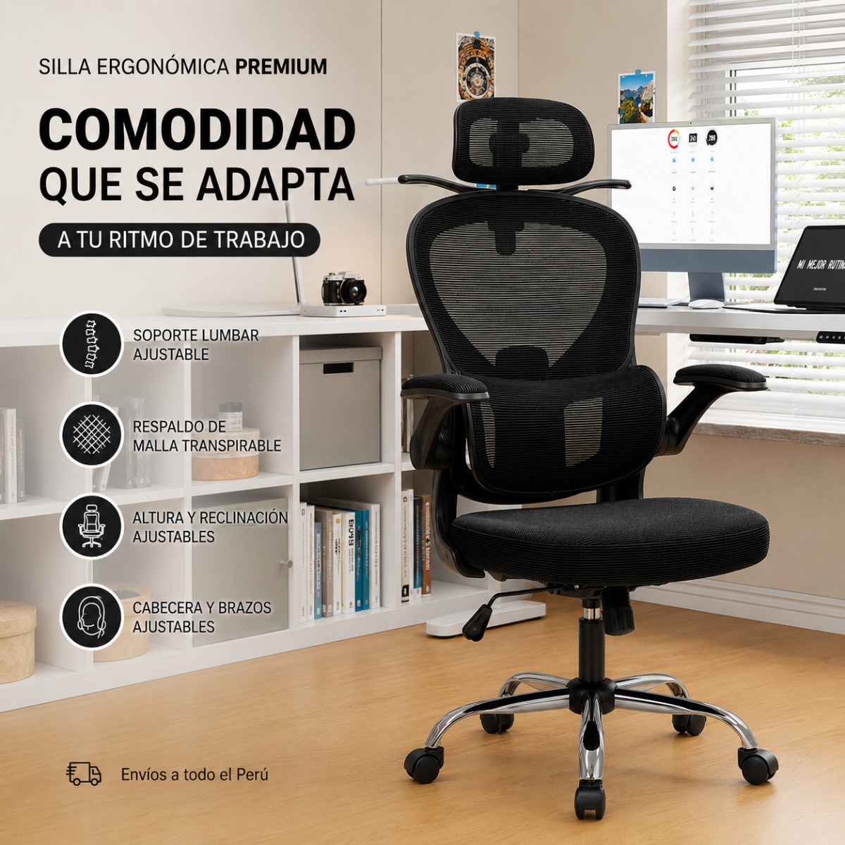 SILLA ERGONOMICA HAVEN D1 SOPORTE LUMBAR AJUSTABLE BASE DE ACERO NEGRO - 3