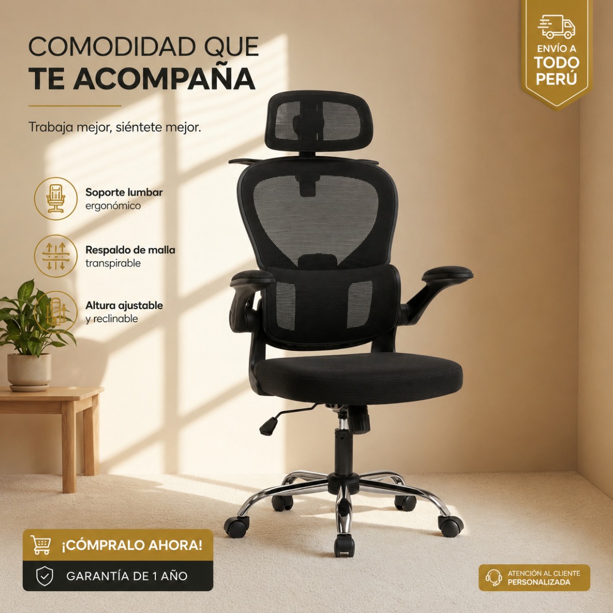 SILLA ERGONOMICA HAVEN D1 SOPORTE LUMBAR AJUSTABLE BASE DE ACERO NEGRO - 4