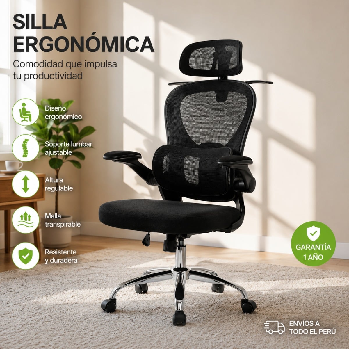 SILLA ERGONOMICA HAVEN D1 SOPORTE LUMBAR AJUSTABLE BASE DE ACERO NEGRO - 5