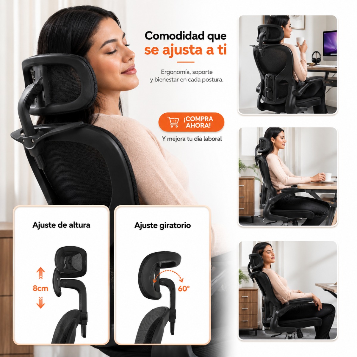 SILLA ERGONOMICA HAVEN D1 SOPORTE LUMBAR AJUSTABLE BASE DE ACERO NEGRO - 8