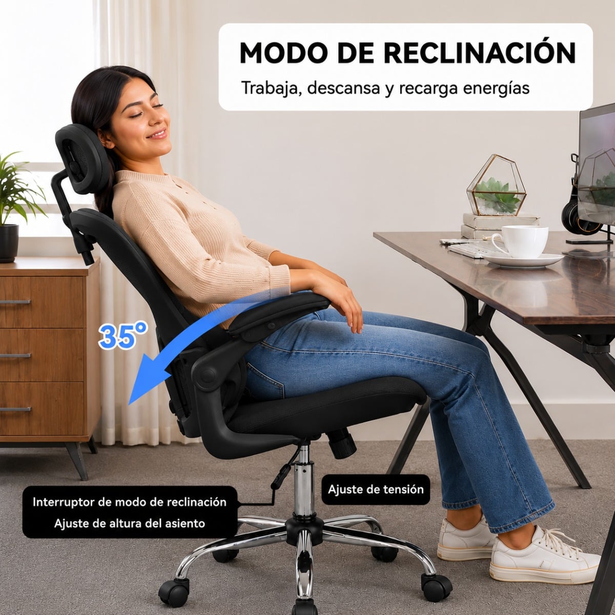 SILLA ERGONOMICA HAVEN D1 SOPORTE LUMBAR AJUSTABLE BASE DE ACERO NEGRO - 9