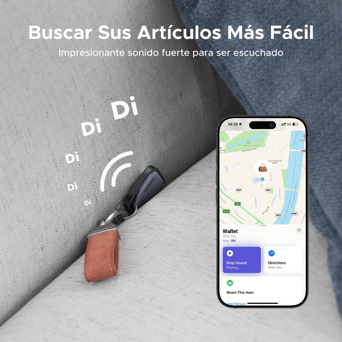 RASTREADOR BLUETOOTH UGREEN FINE TRACK PARA APPLE FIND MY PILA REEMPLAZABLE - 4