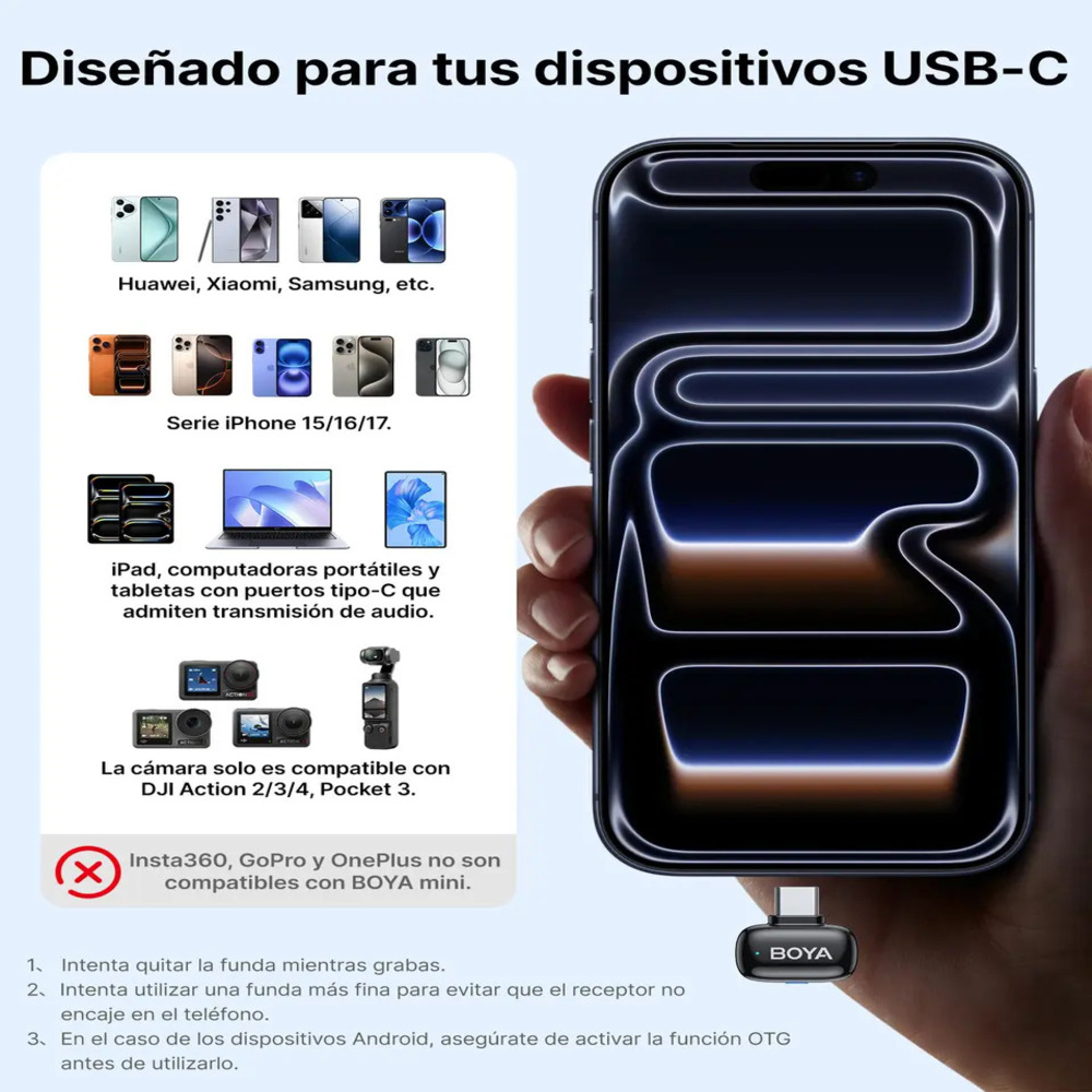 MICRÓFONO INALÁMBRICO BOYA MINI DOBLE USB-C CELULAR PC NEGRO - 2