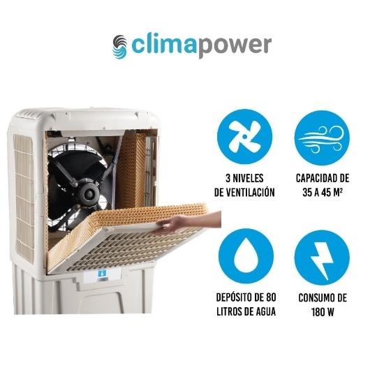 ENFRIADOR DE AIRE CLIMAPOWER 3 VELOCIDADES CPW-50 180 WATTS PORTÁTIL COBERTURA 50 MT2 NEGRO - 2