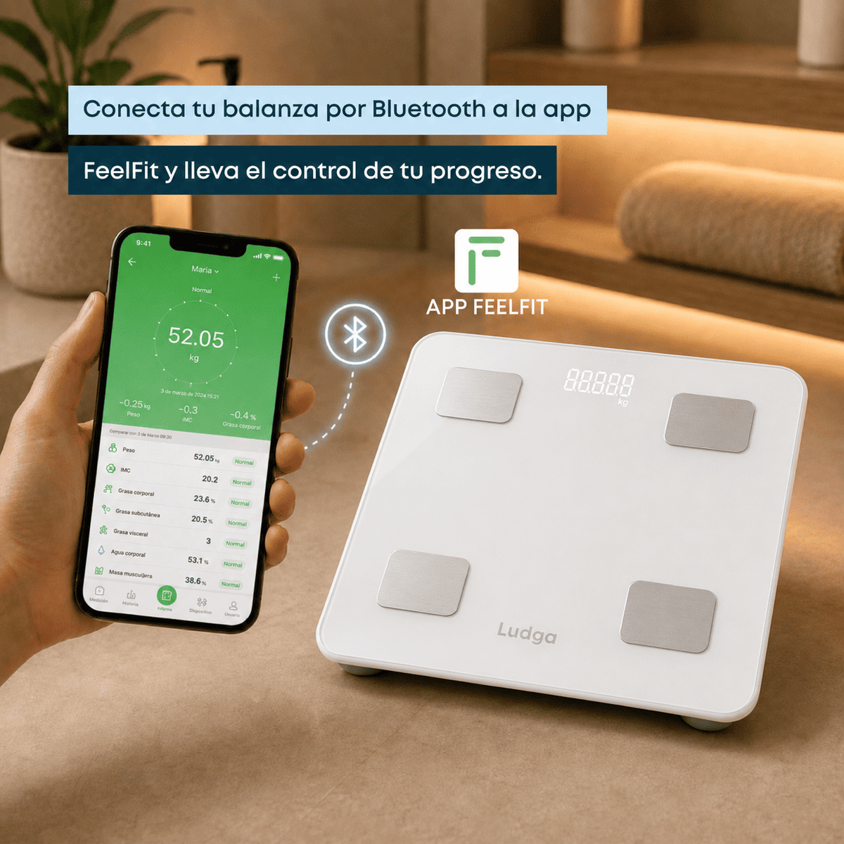 BALANZA DIGITAL INTELIGENTE LUDGA LDG 3140 – 25 MÉTRICAS DE COMPOSICIÓN CORPORAL CON BLUETOOTH - 4