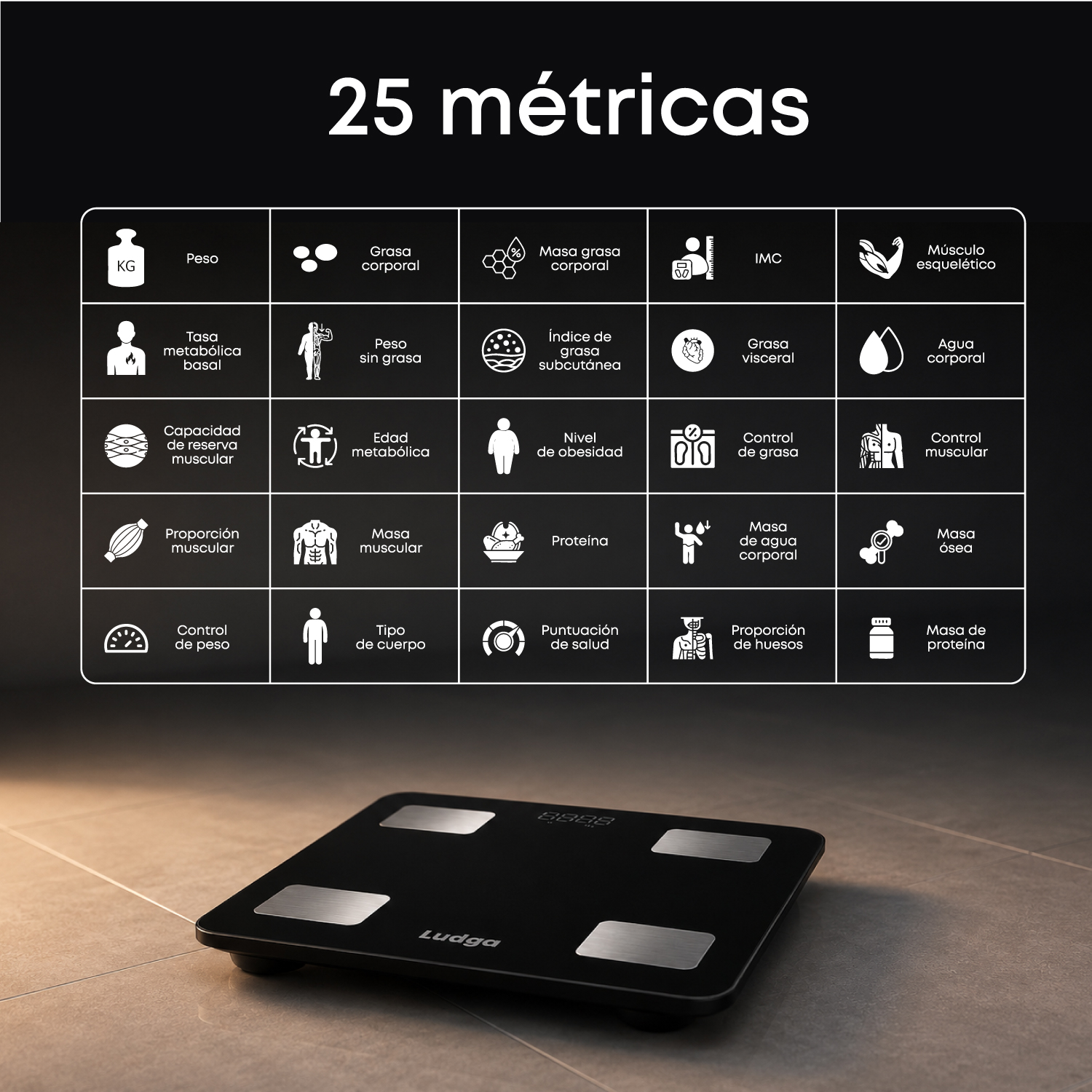 BALANZA DIGITAL INTELIGENTE LUDGA LDG 3520 – 25 MÉTRICAS DE COMPOSICIÓN CORPORAL CON BLUETOOTH - 5