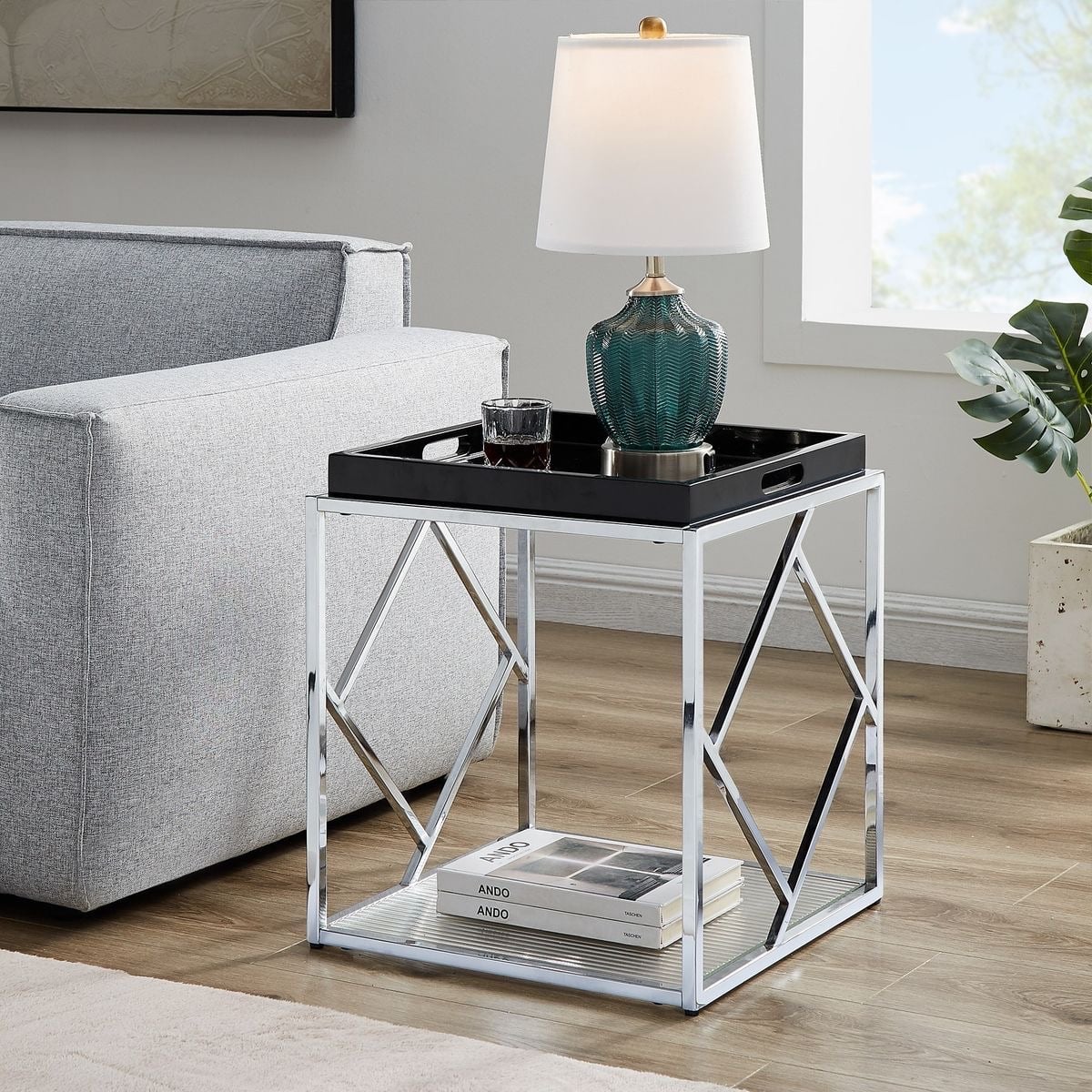 MESA LATERAL JERRY - ACERO INOXIDABLE CON VIDRIO Y BANDEJA DE MADERA - 1
