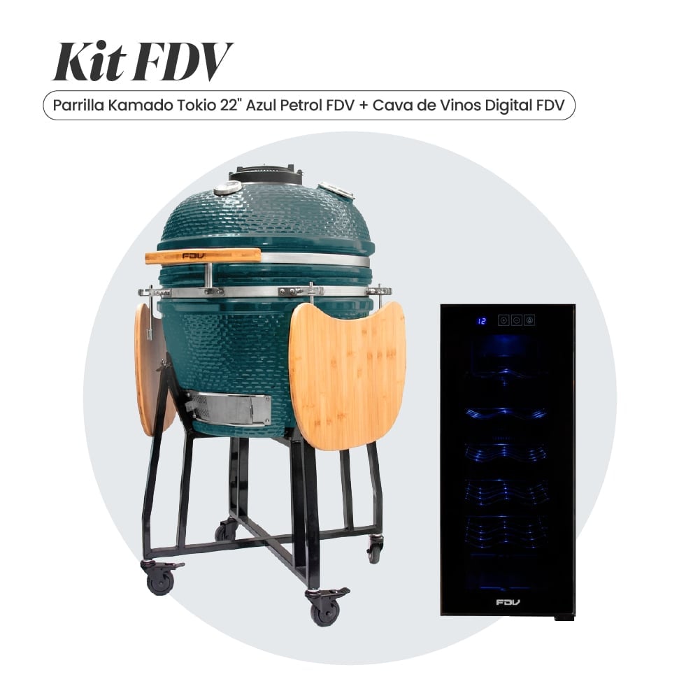 COMBO FDV PARRILLA KAMADO TOKIO AZUL PETROL 22' + CAVA DE VINOS BLACK 12 BOTELLAS - 1