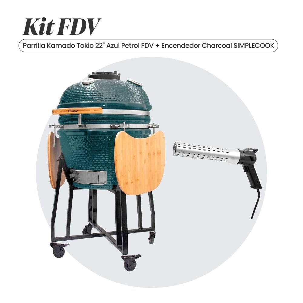 COMBO FDV PARRILLA KAMADO TOKIO AZUL PETROL 22' + ENCENDEDOR DE CARBON CHARCOAL - 1
