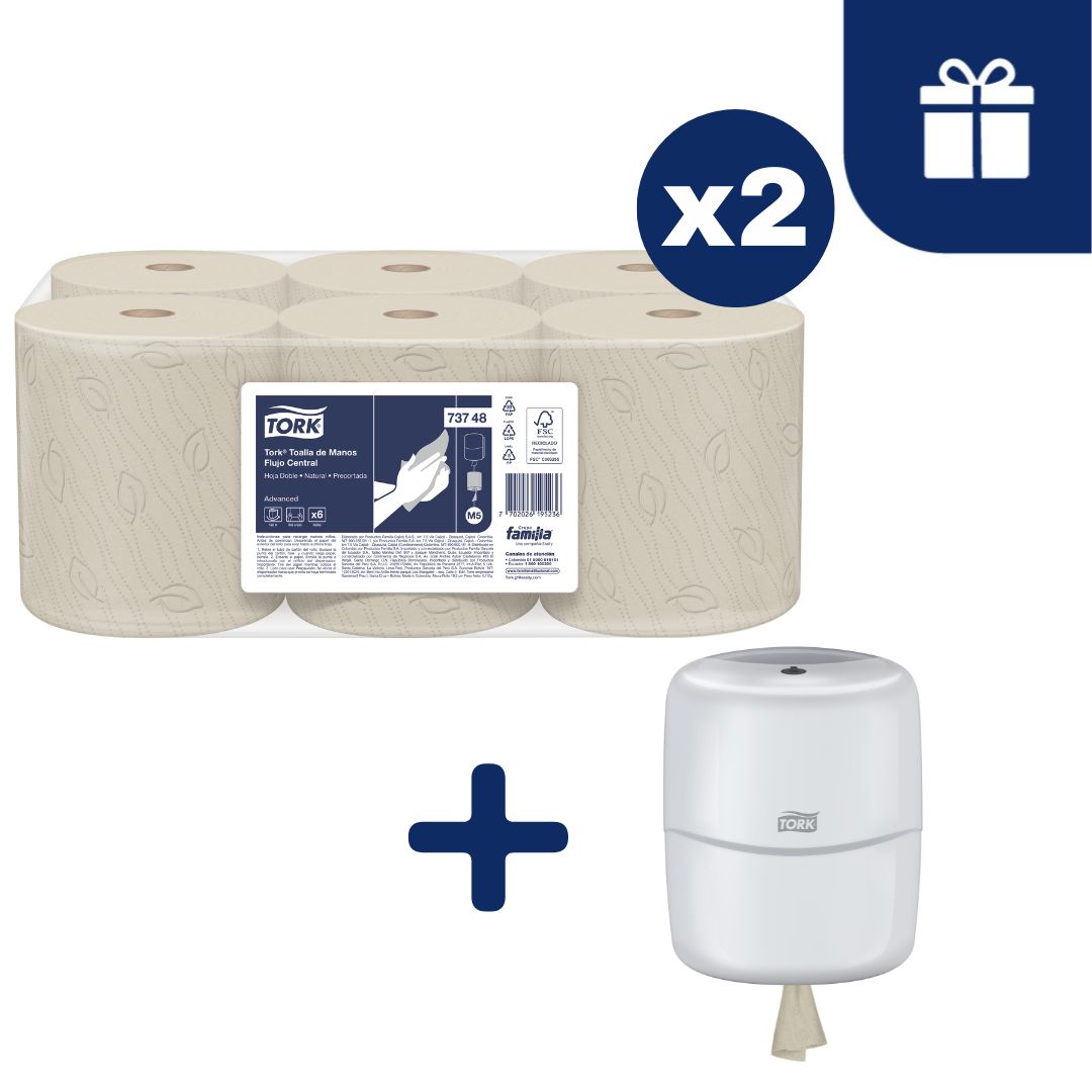 PAPEL TOALLA PRECORTADA HOJA DOBLE TORK NATURAL 12 X 120 MTS + DISPENSADOR - 1