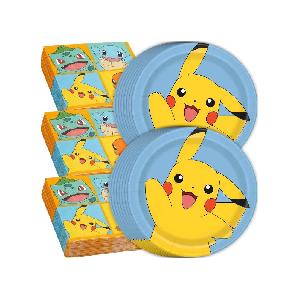 POKEMON DECORACION INFANTIL DE 32 PLATOS Y SERVILLETAS OFICIAL - 1