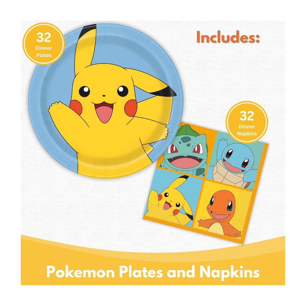 POKEMON DECORACION INFANTIL DE 32 PLATOS Y SERVILLETAS OFICIAL - 3