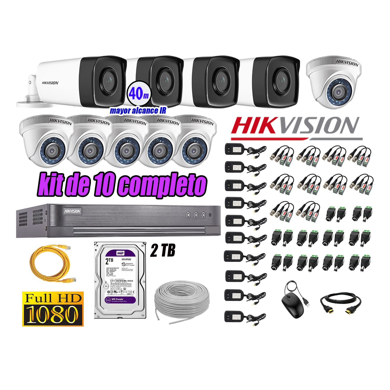 KIT 10 CÁMARA SEGURIDAD HIKVISION IT3F FULL HD 1080P + DISCO MAYOR ALCANCE 2 TB - 1