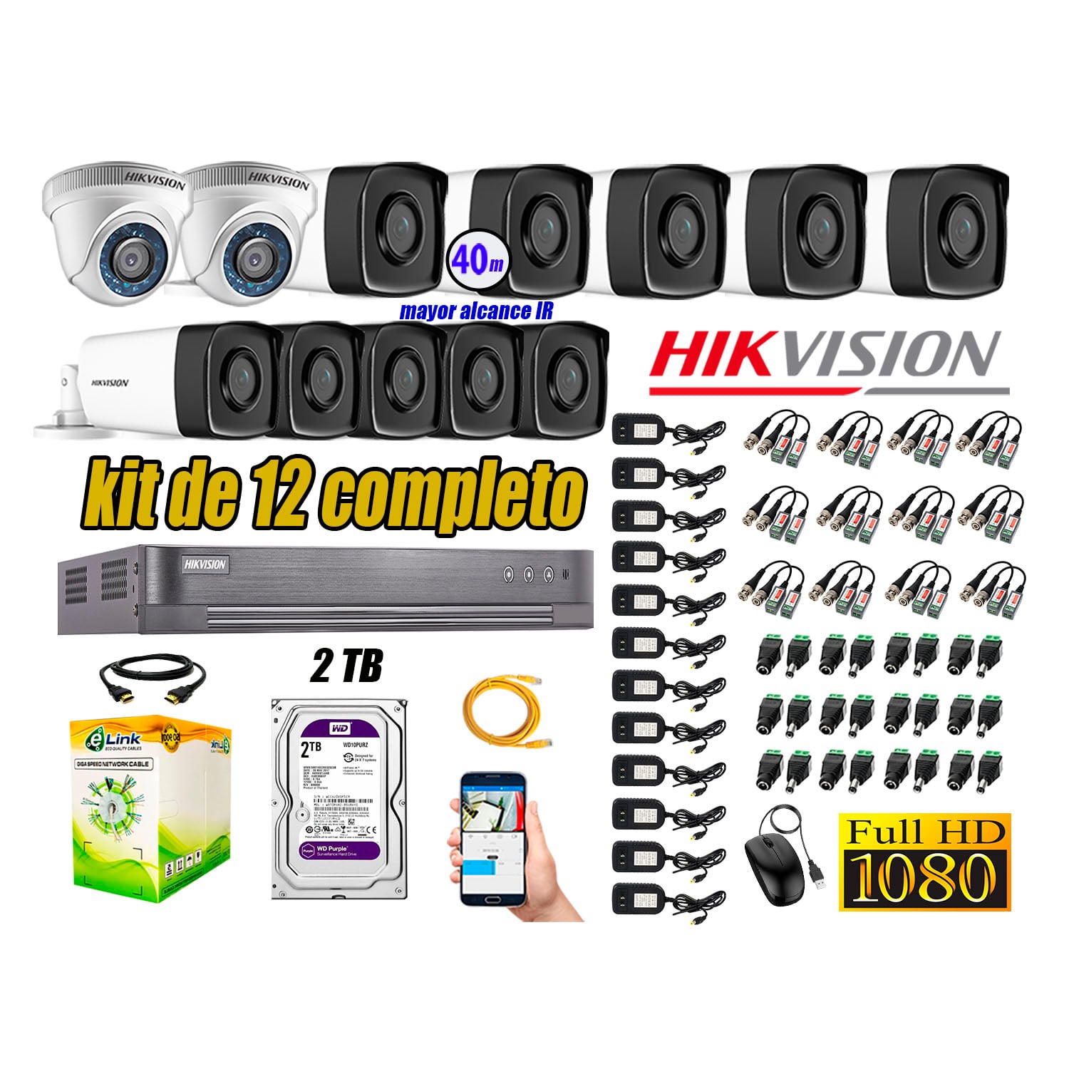 KIT 12 CÁMARA SEGURIDAD HIKVISION IT3F FULL HD 1080P + DISCO MAYOR ALCANCE 2 TB - 1