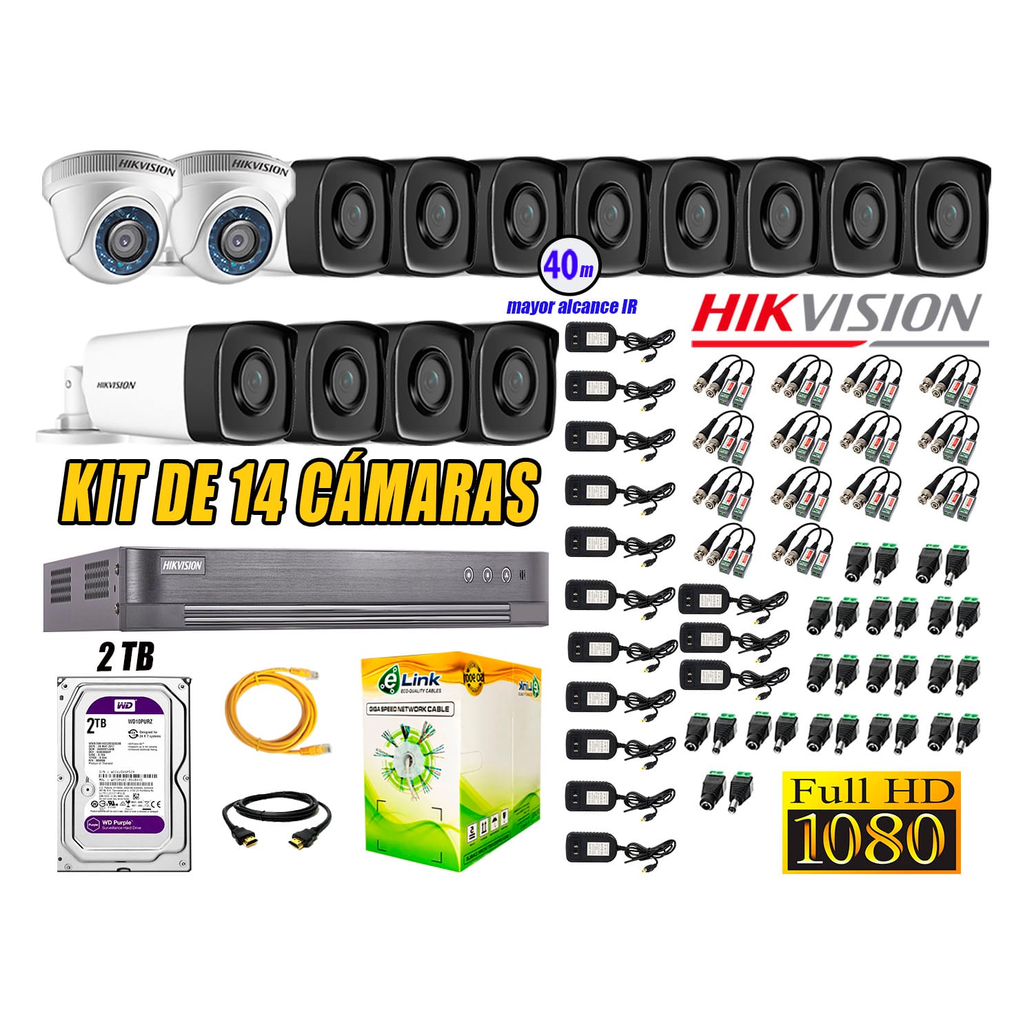 KIT 14 CÁMARA SEGURIDAD HIKVISION IT3F FULL HD 1080P + DISCO MAYOR ALCANCE 2 TB - 1