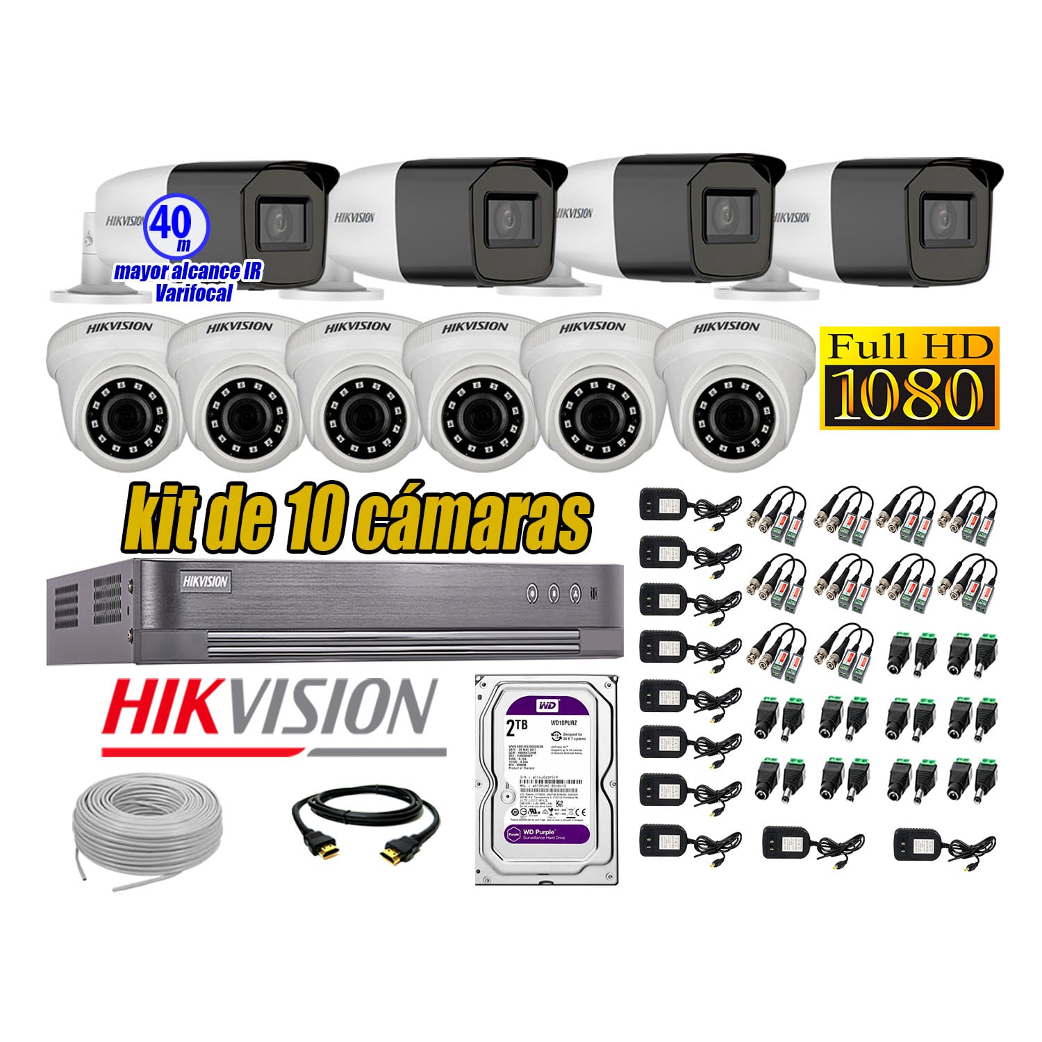 KIT 10 CÁMARA SEGURIDAD HIKVISION FULL HD 1080P + DISCO MAYOR ALCANCE VARIFOCAL 2 TB - 1