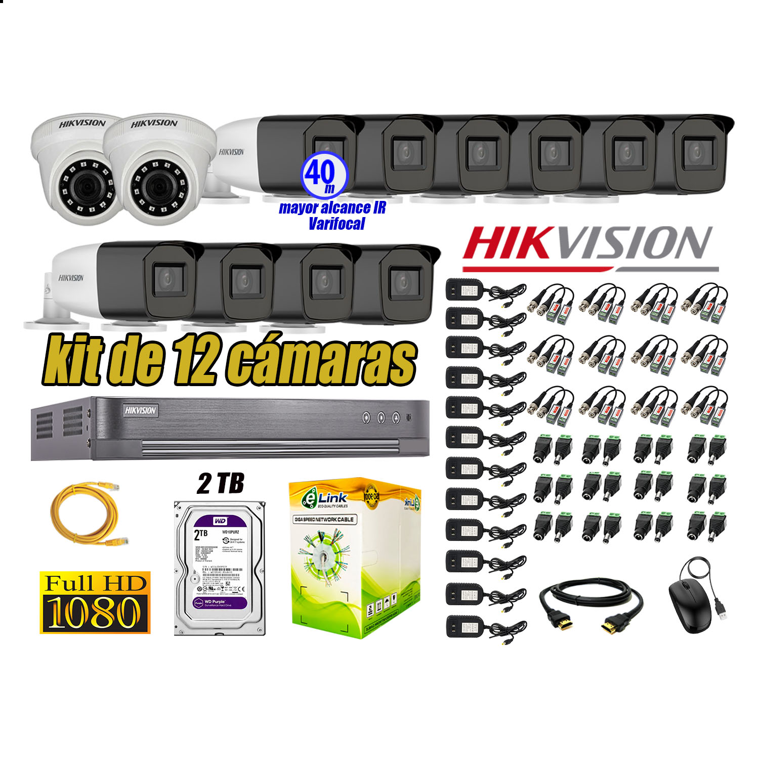 KIT 12 CÁMARA SEGURIDAD HIKVISION FULL HD 1080P + DISCO MAYOR ALCANCE VARIFOCAL 2 TB - 1
