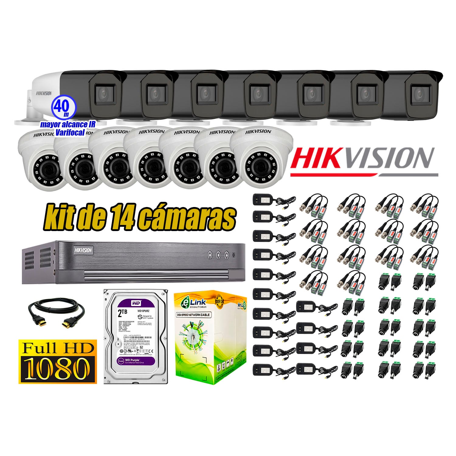 KIT 14 CÁMARA SEGURIDAD HIKVISION FULL HD 1080P + DISCO MAYOR ALCANCE VARIFOCAL 2 TB - 1