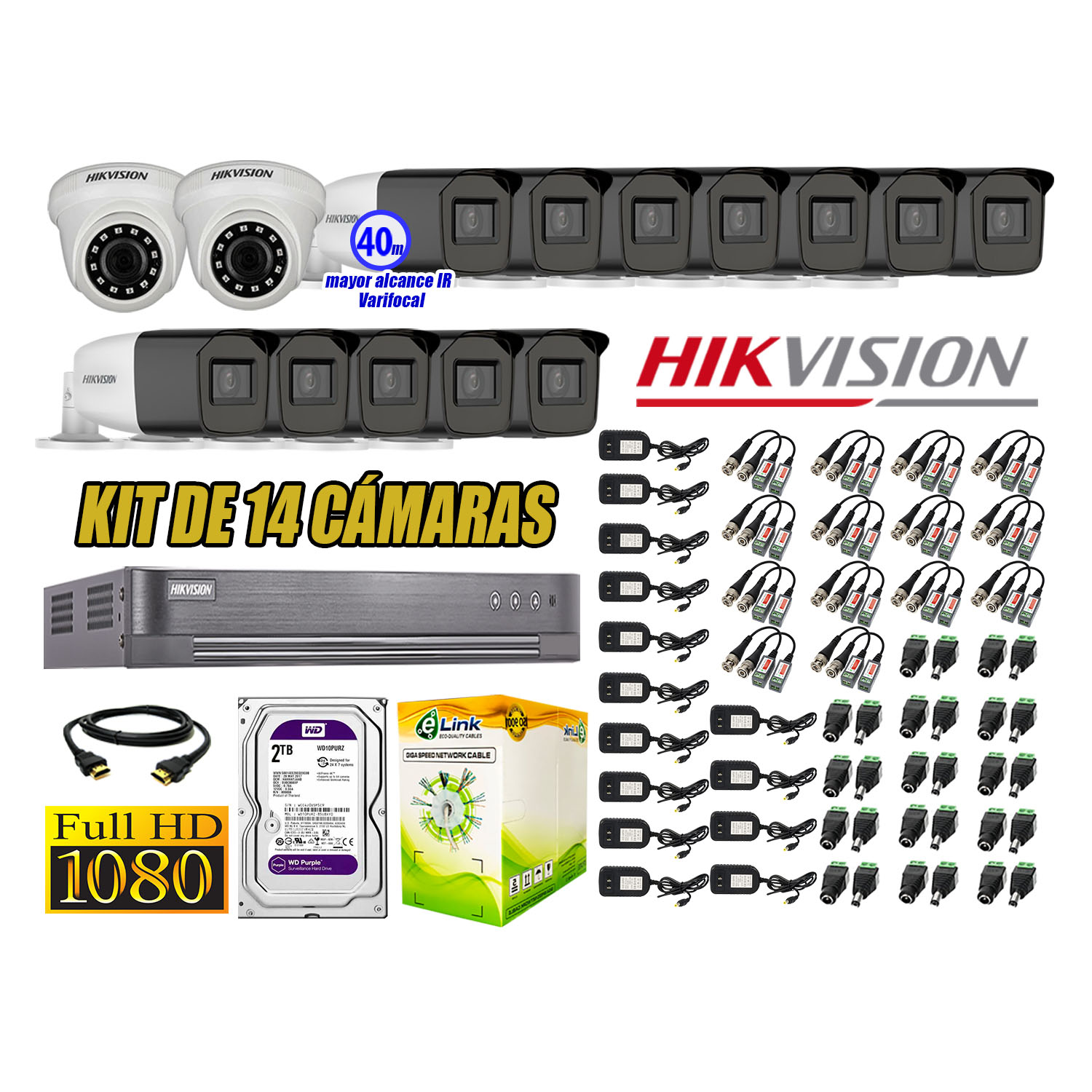 KIT 14 CÁMARA SEGURIDAD HIKVISION FULL HD 1080P + DISCO MAYOR ALCANCE VARIFOCAL 2 TB - 1