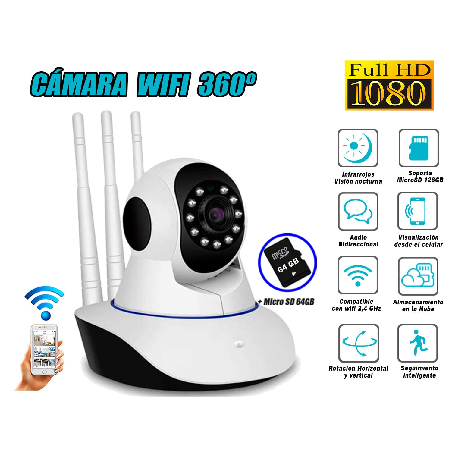CÁMARA SEGURIDAD 360º 3 ANTENAS 1080P WIFI INTELIGENTE MICROSD 64 GB - 1