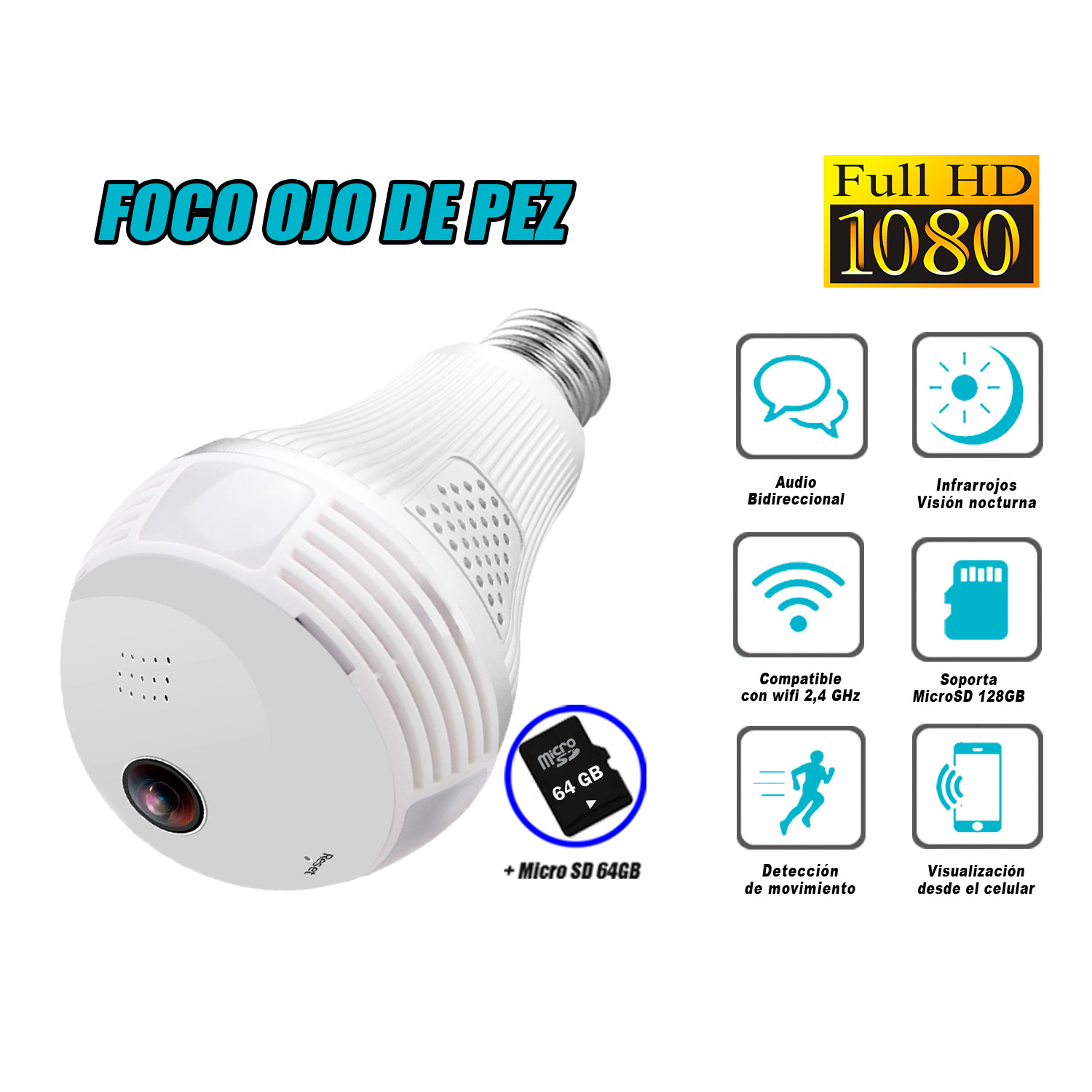 CÁMARA SEGURIDAD FOCO OJO DE PEZ INTELIGENTE WIFI + SD 64GB - 1
