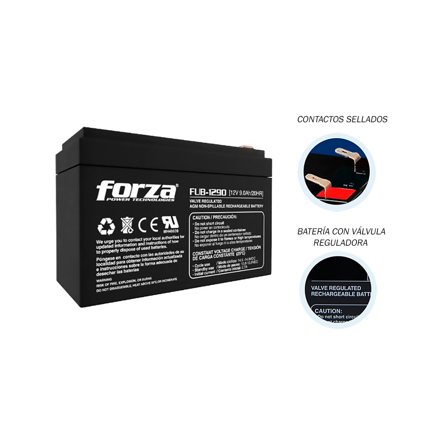FORZA - BATERÍA FUB-1290 SELLADA 12V/9AH RECARGABLE, AGM, SIN MANTENIMIENTO - 3