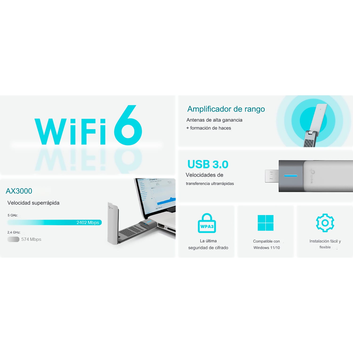 ADAPTADOR TP-LINK ARCHER TX50UH USB INALAMBRICO WI-FI 6 AX3000 - 3