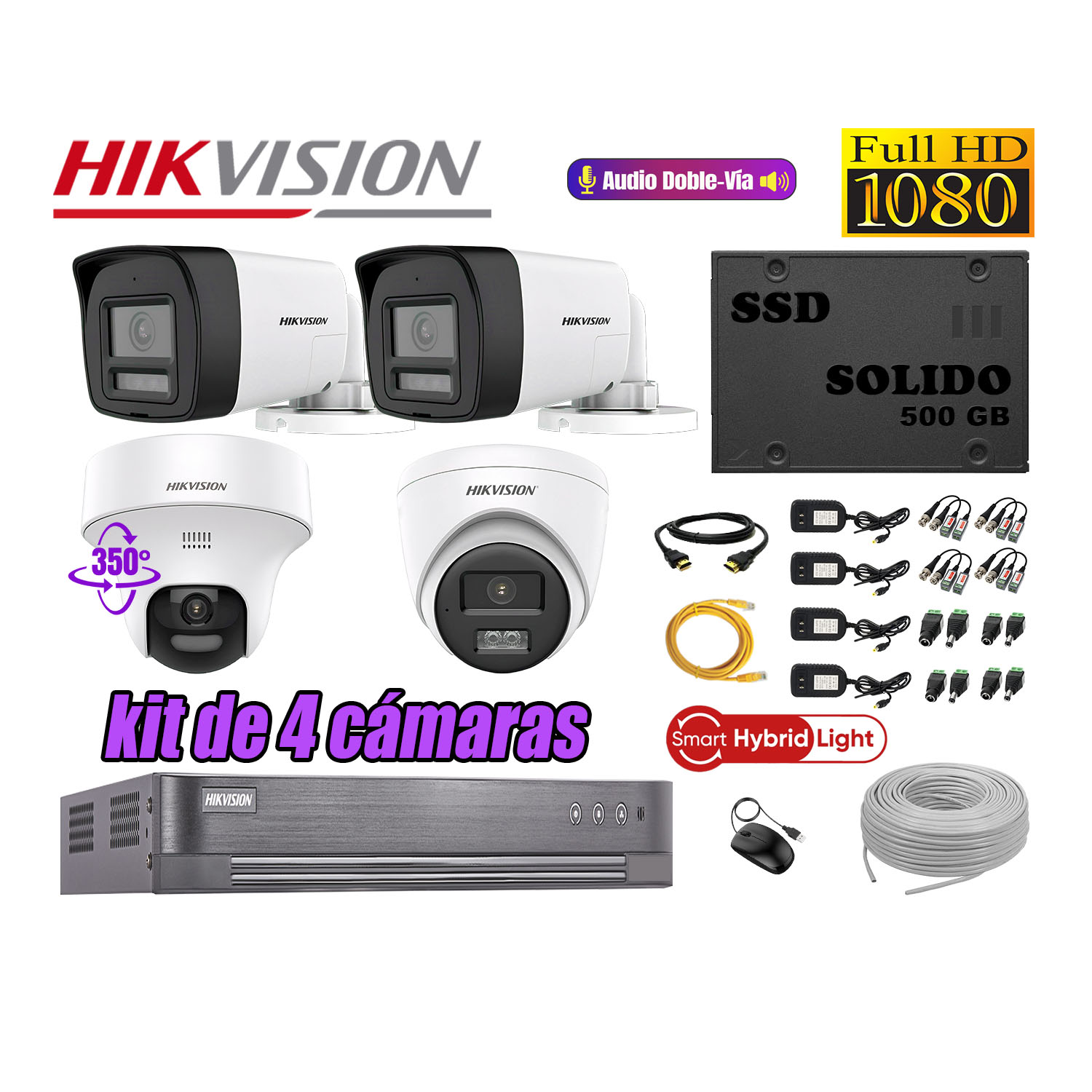 CÁMARA SEGURIDAD HIKVISION KIT 4 AUDIO BIDIRECCIONAL FULL HD | 1 DOMO PTZ | 500GB - 1