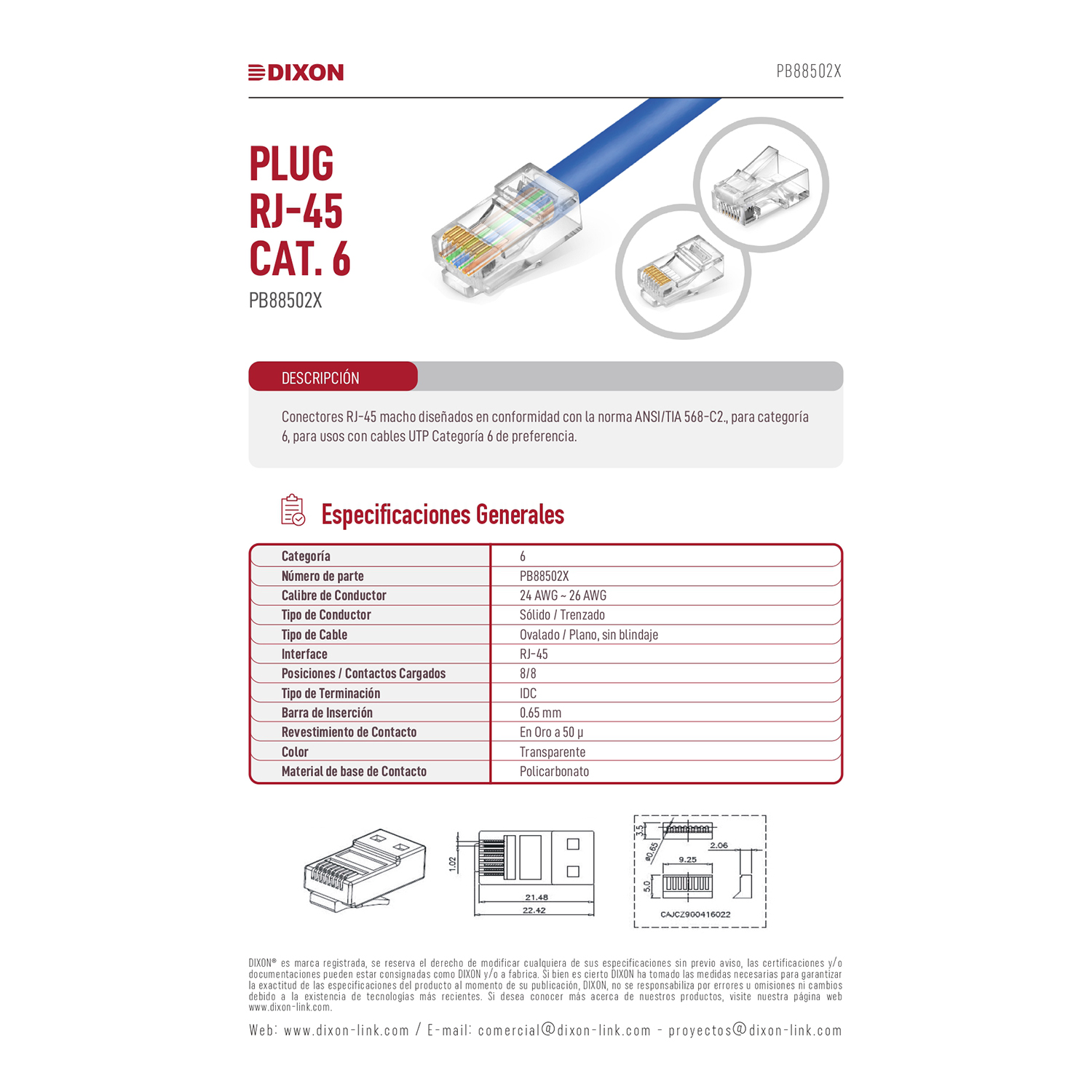 CONECTORES DIXON CAJA 100 RJ45 UTP CAT.6 8 CONTACTOS CUMPLE ROHS - 2