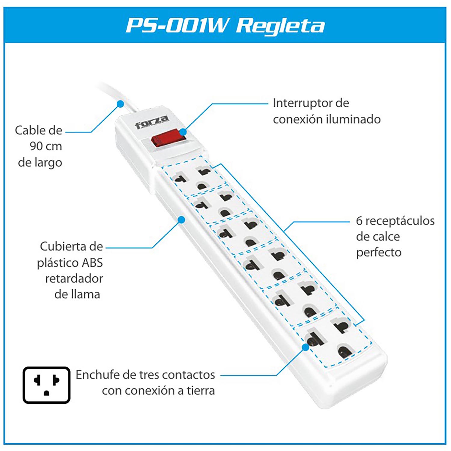 FORZA - REGLETA PS-001W 6 SALIDAS 2200W BLANCO CABLE 90CM - 3