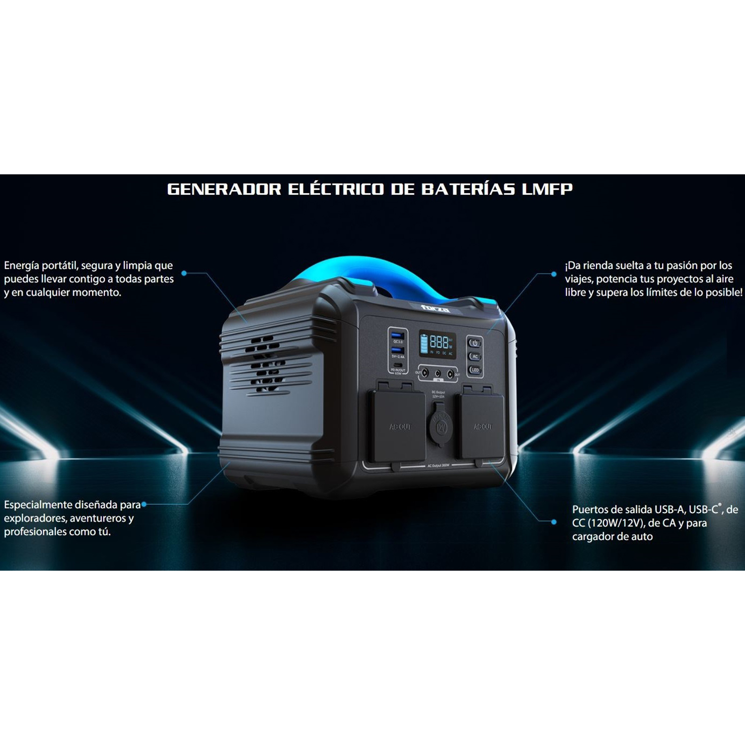 FORZA - GENERADOR ELÉCTRICO FPP-T302 PORTÁTIL 8PUERTOS 300W BATERÍA LMFP - 5