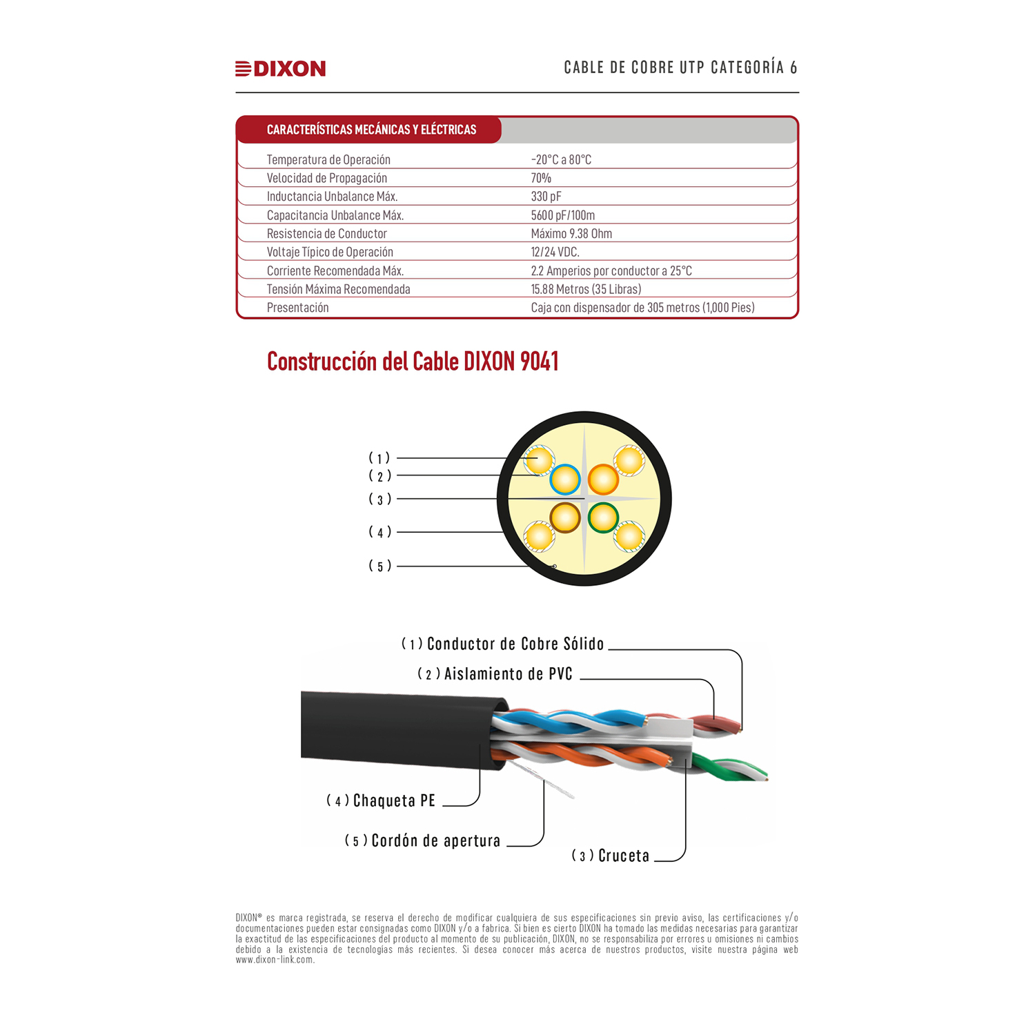 DIXON - ROLLO CABLE UTP CAT. 6 X CAJA SERIE 9041 EXTERIOR 305M - 3