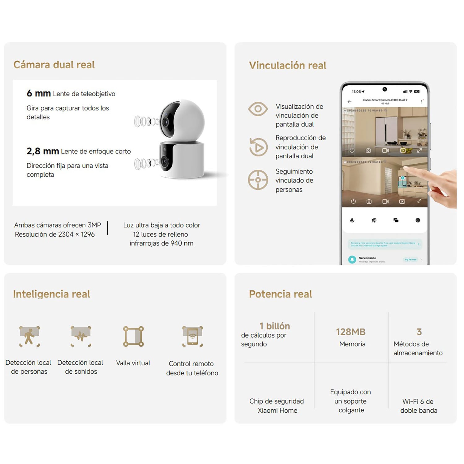 CÁMARA SEGURIDAD XIAOMI C300 DUAL 3MP 2 LENTES DETECCIÓN IA PERSONAS AUDIO DOBLE VÍA 128GB - 3