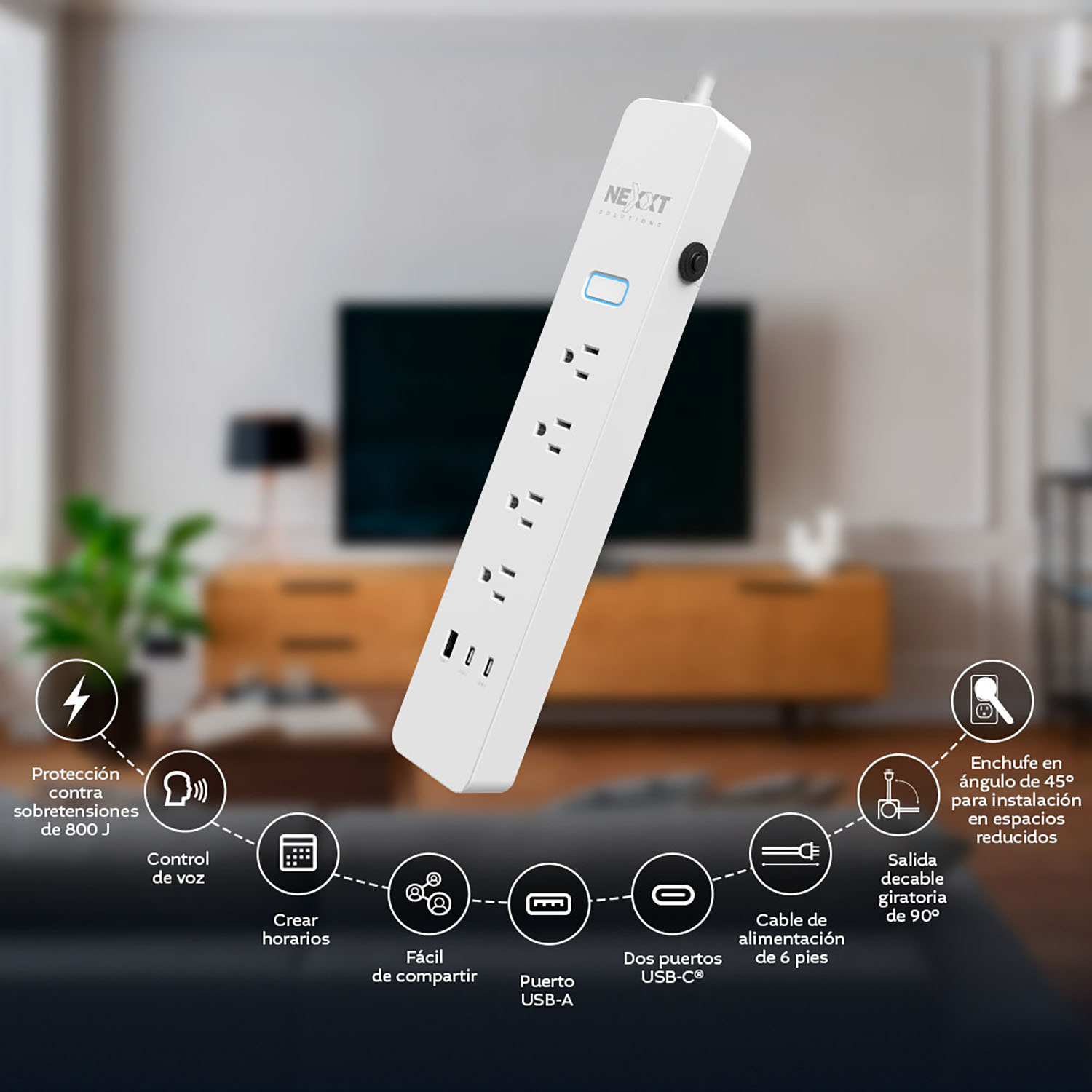 REGLETA INTELIGENTE NEXXT NHP-E710 4 SALIDAS NEMA 5-15R 3 USB TEMPORIZADOR - 2