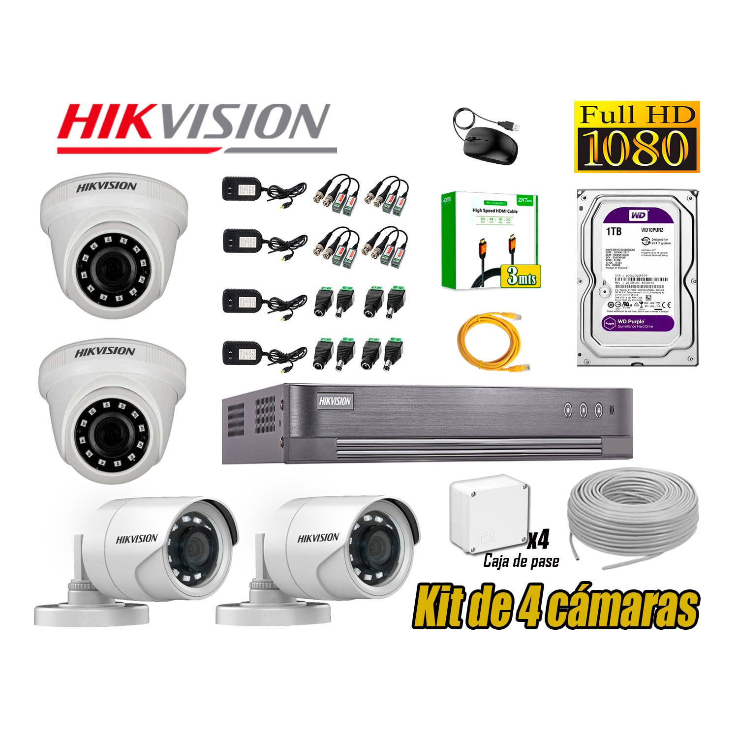 CÁMARA SEGURIDAD HIKVISION KIT 4 FULL HD 1080P HDMI 3M DISCO 1TB WD - 1
