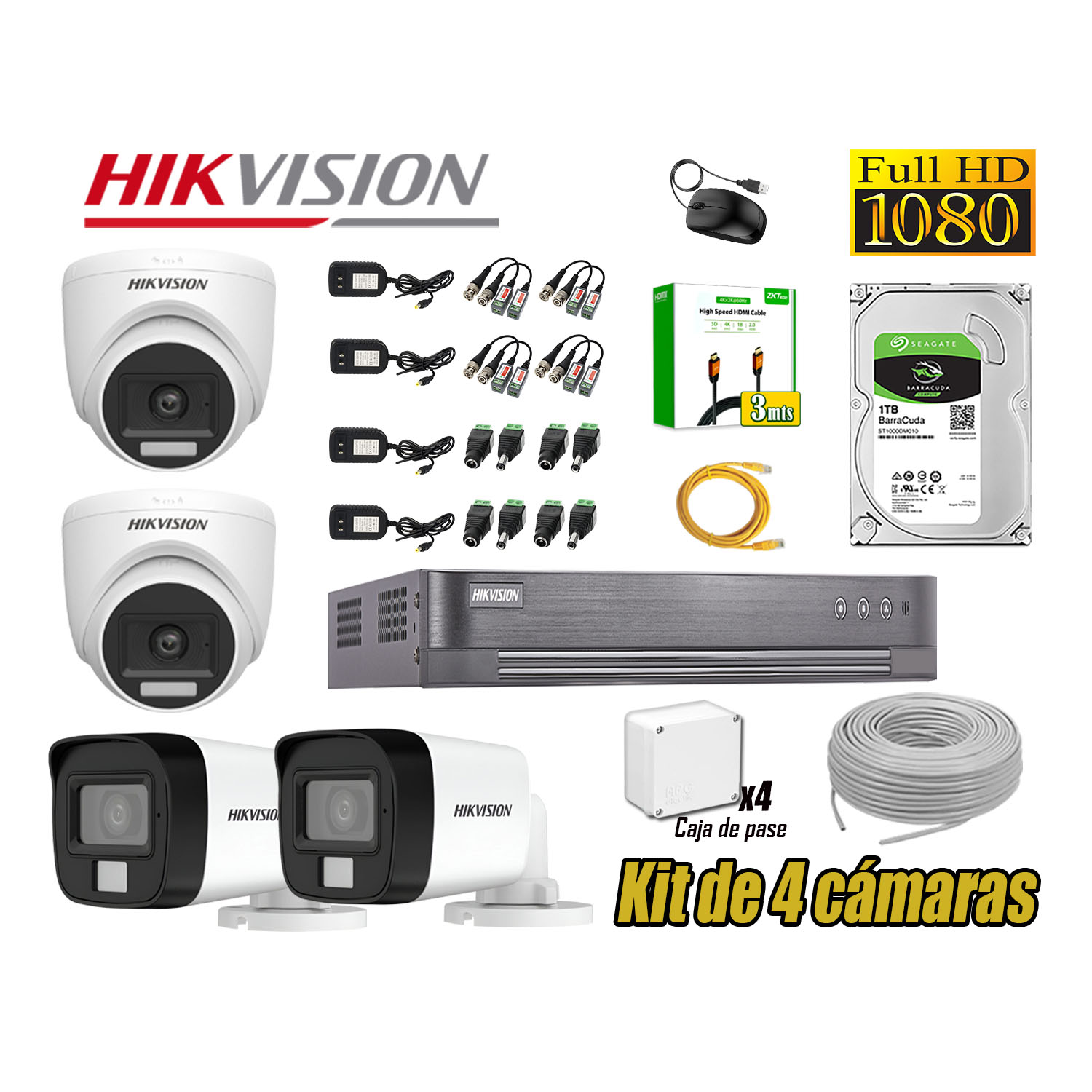 CÁMARA SEGURIDAD HIKVISION KIT 4 FULL HD AUDIO INCORPORADO DISCO 1TB HDMI 3M - 1