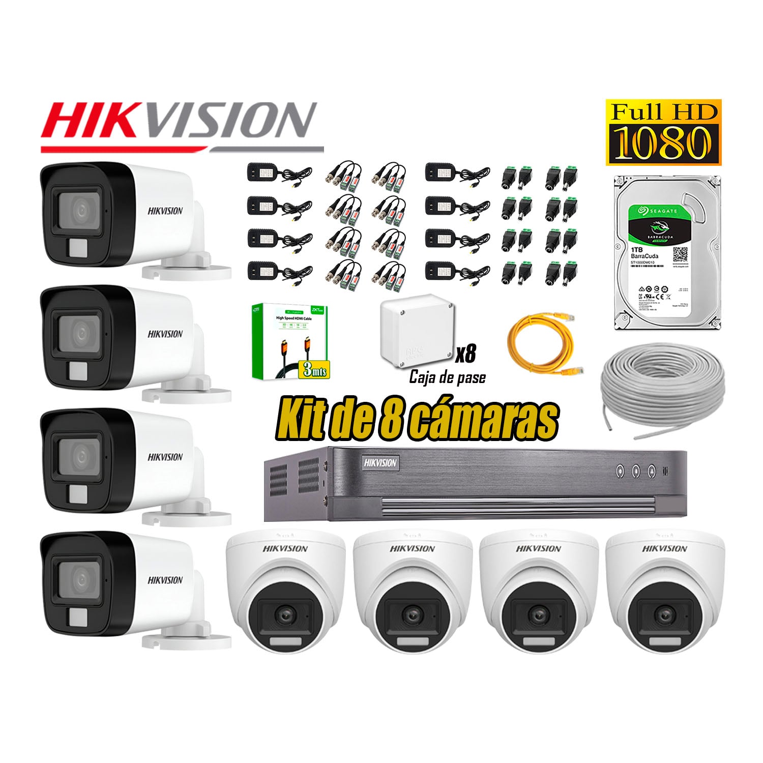 CÁMARA SEGURIDAD HIKVISION KIT 8 FULL HD AUDIO INCORPORADO DISCO 1TB HDMI 3M - 1