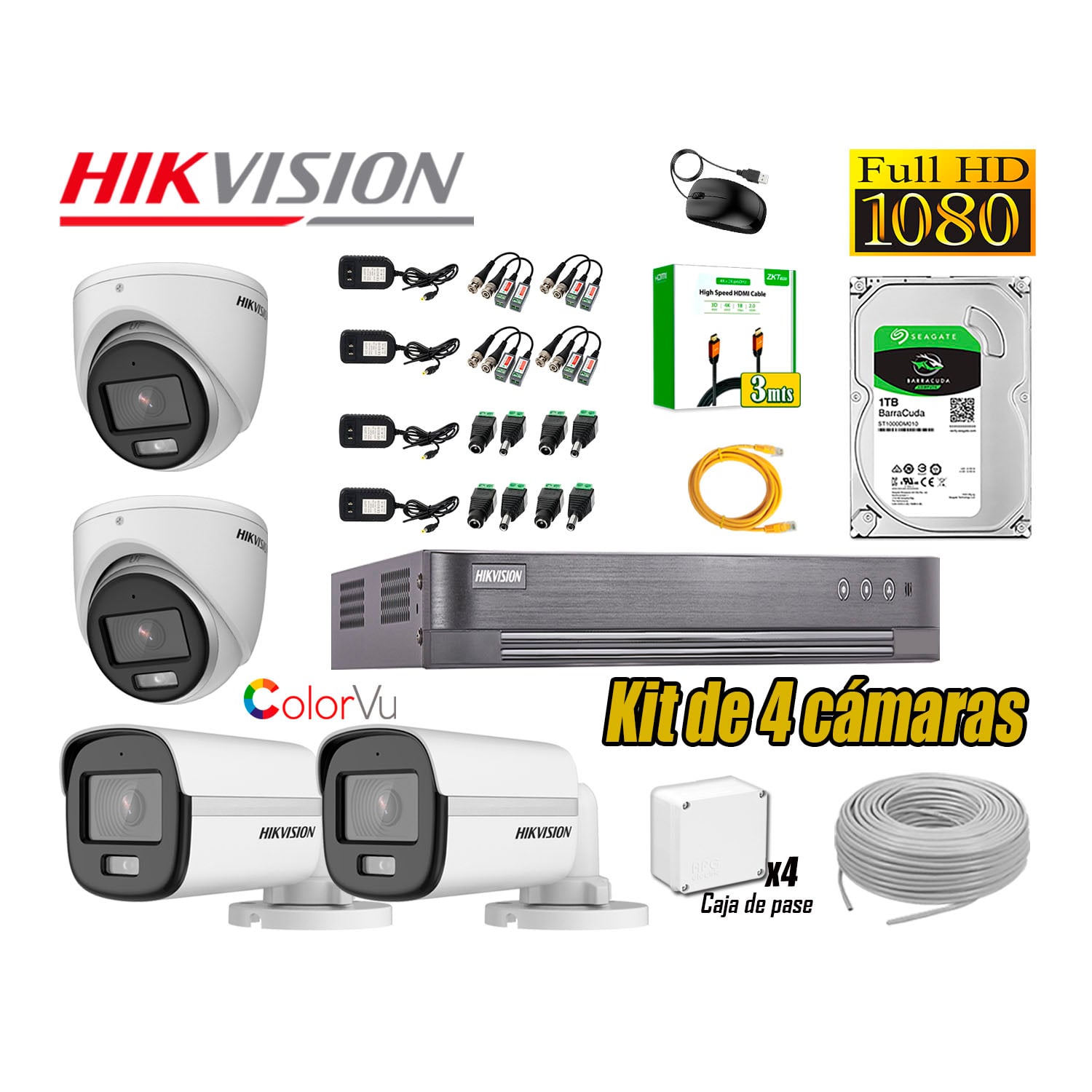 CÁMARA SEGURIDAD HIKVISION KIT 4 FULL HD NOCHE COLOR VU AUDIO INCORPORADO DISCO 1TB HDMI 3M - 1