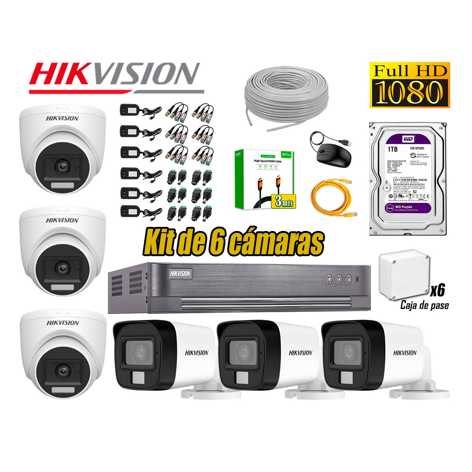 CÁMARA SEGURIDAD HIKVISION KIT 6 FULL HD AUDIO INCORPORADO HDMI 3M DISCO 1TB WD - 1