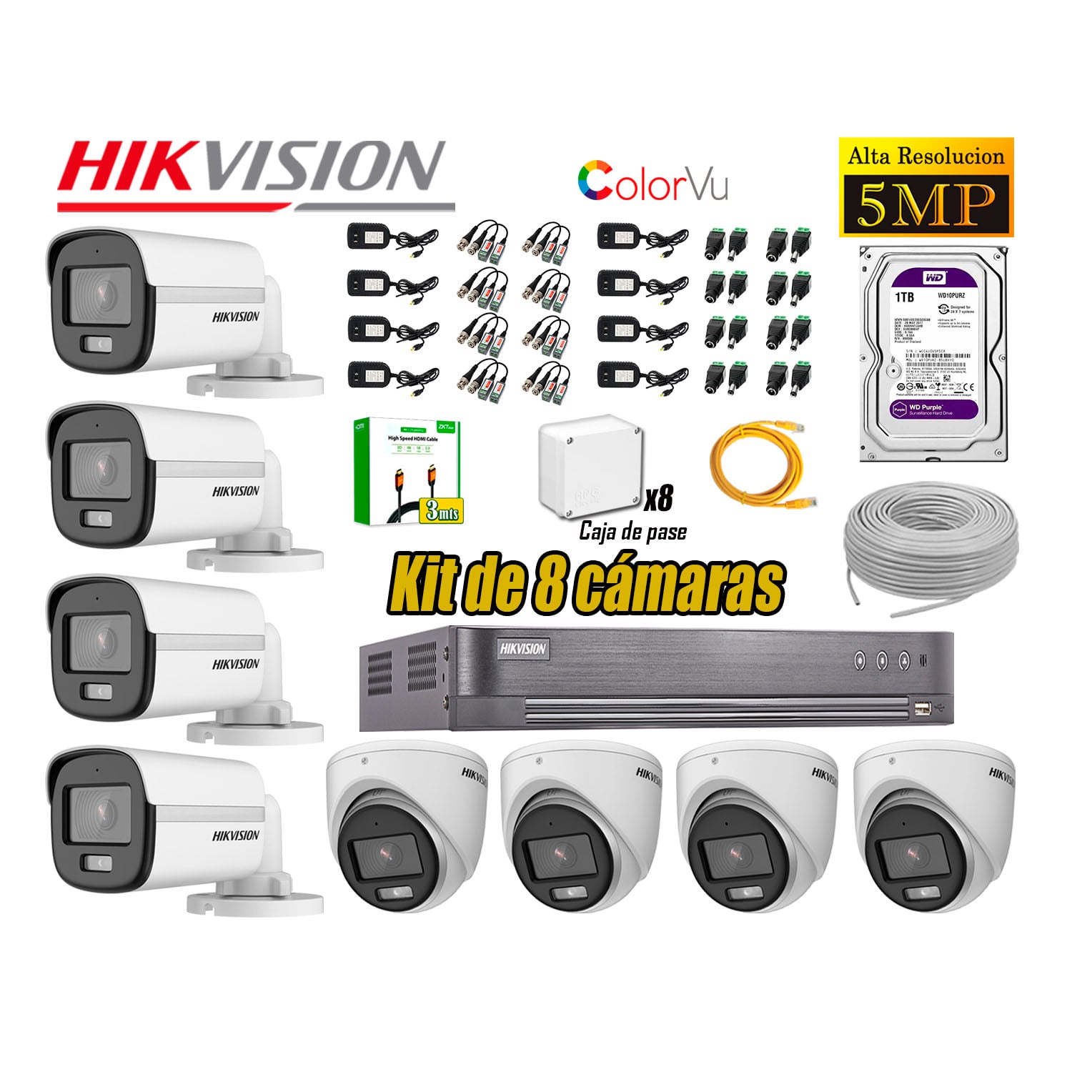 CÁMARA SEGURIDAD HIKVISION KIT 8 5MP 3K NOCHE COLOR VU AUDIO INCORPORADO HDMI 3M DISCO 1TB WD - 1