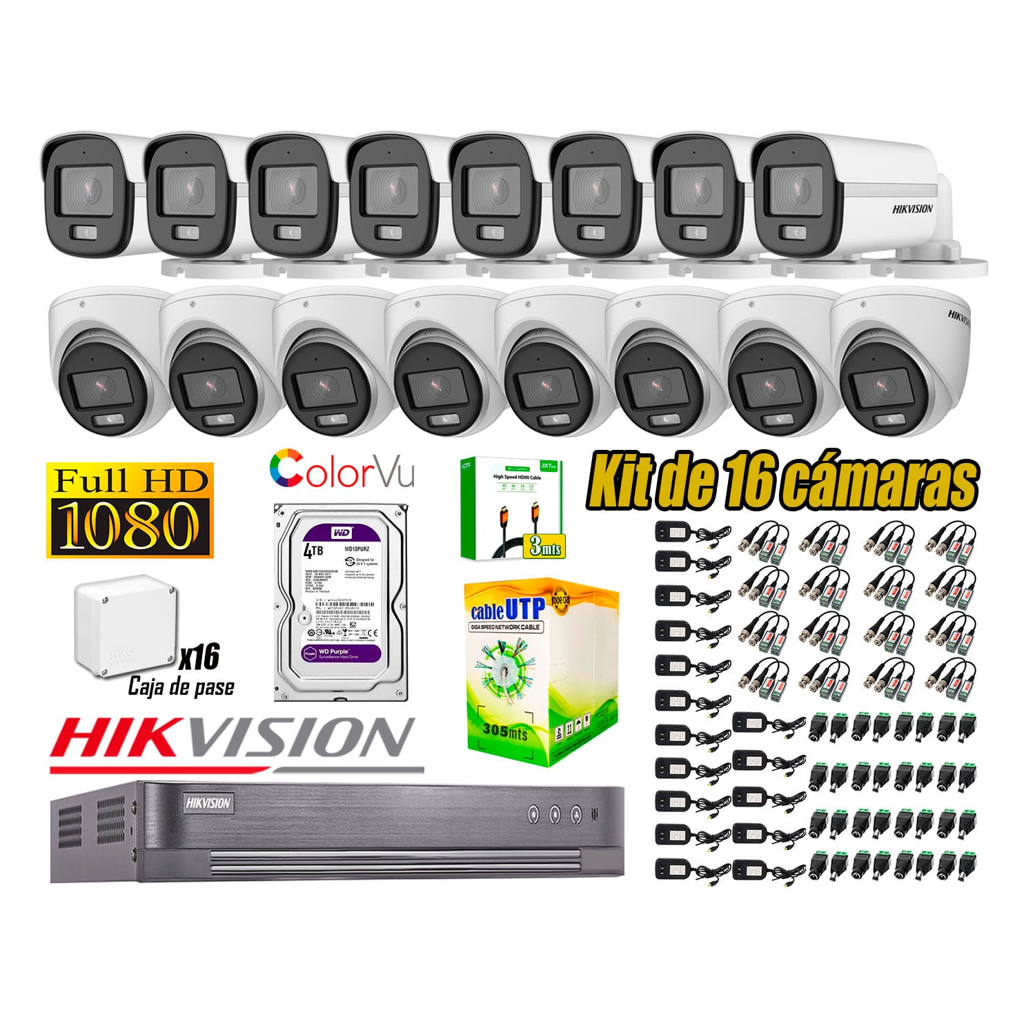 CÁMARA SEGURIDAD HIKVISION KIT 16 FULL HD NOCHE COLOR VU AUDIO INCORPORADO HDMI 3M DISCO 4TB WD - 1