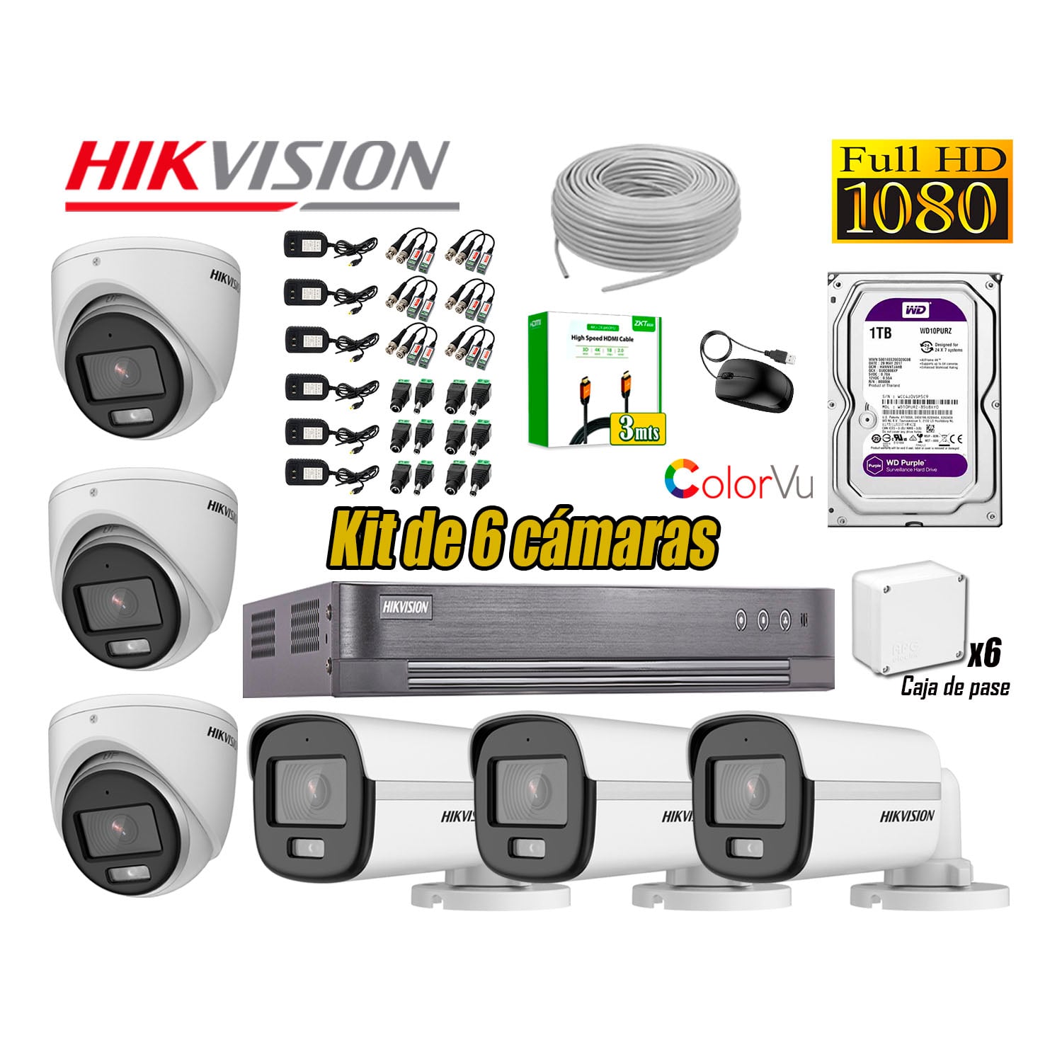 CÁMARA SEGURIDAD HIKVISION KIT 6 FULL HD NOCHE COLOR VU AUDIO INCORPORADO HDMI 3M DISCO 1TB WD - 1