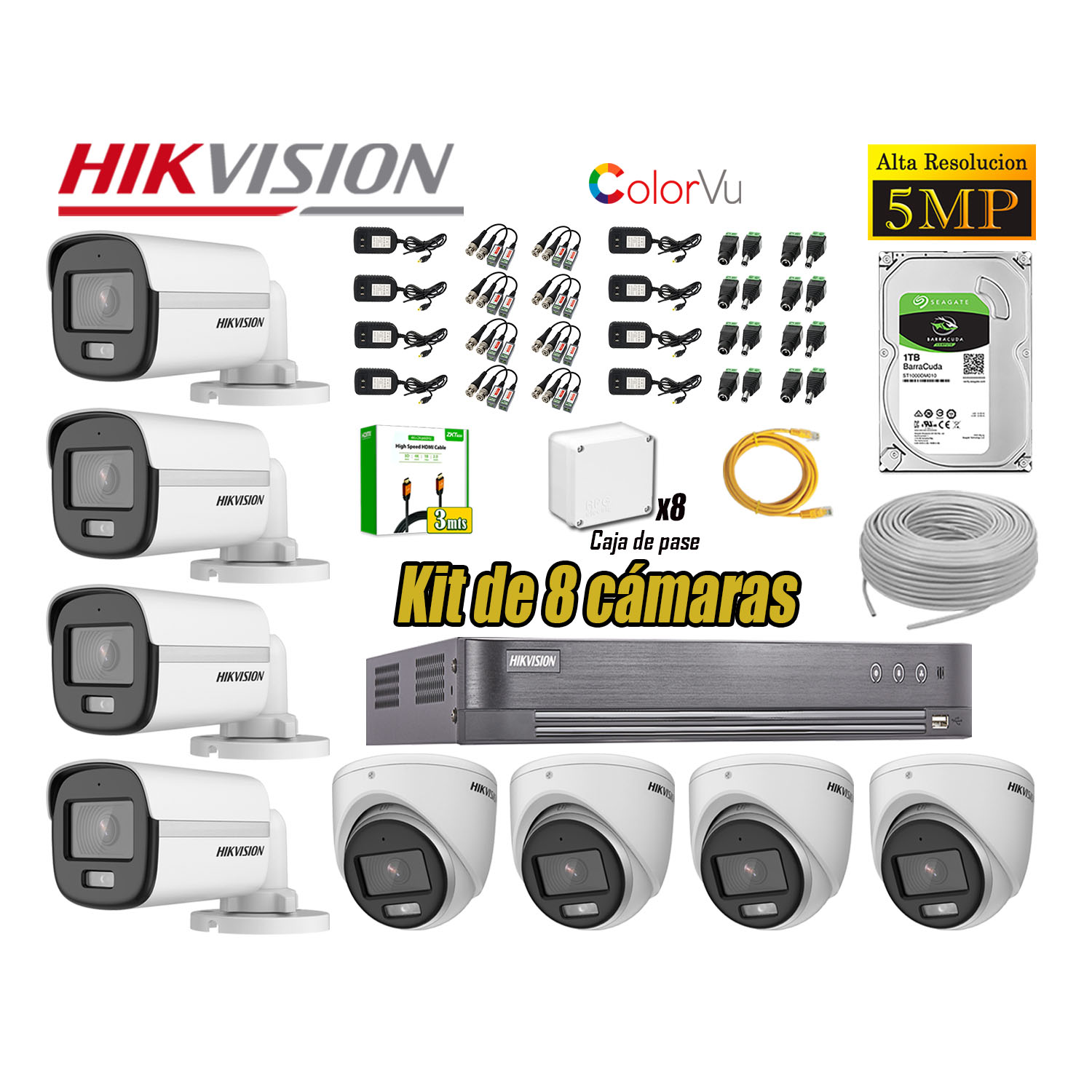 CÁMARA SEGURIDAD HIKVISION KIT 8 5MP 3K NOCHE COLOR VU AUDIO INCORPORADO DISCO 1TB HDMI 3M - 1