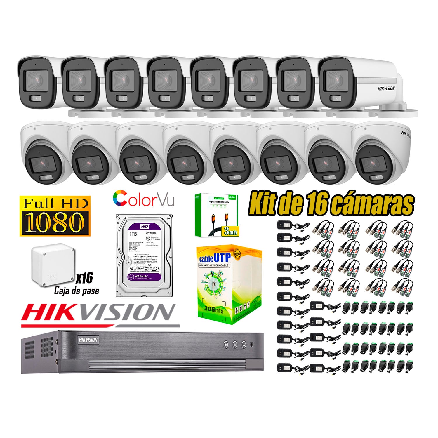 CÁMARA SEGURIDAD HIKVISION KIT 16 FULL HD NOCHE COLOR VU AUDIO INCORPORADO HDMI 3M DISCO 1TB WD - 1