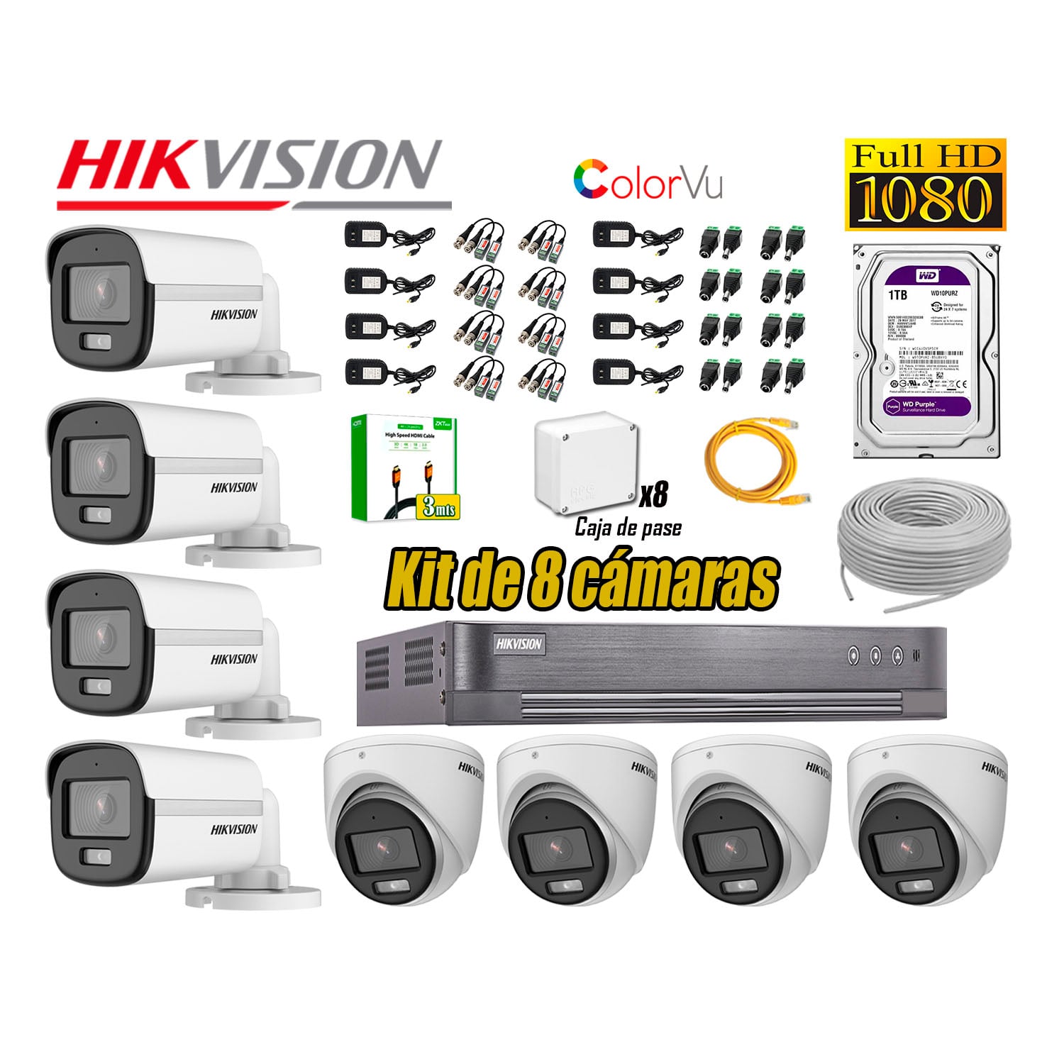 CÁMARA SEGURIDAD HIKVISION KIT 8 FULL HD NOCHE COLOR VU AUDIO INCORPORADO HDMI 3M DISCO 1TB WD - 1