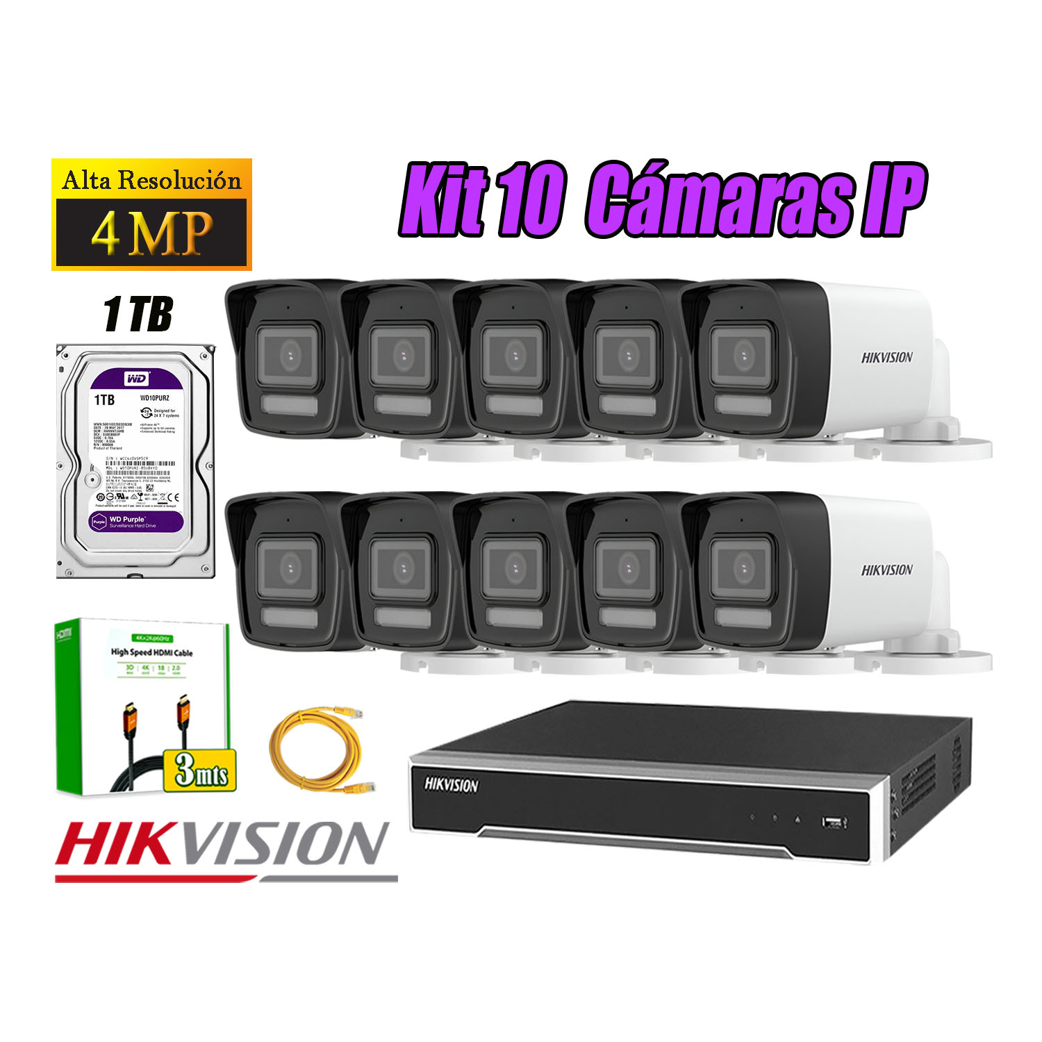 KIT 10 CÁMARA SEGURIDAD HIKVISION IP POE 4MP TUBO AUDIO INCORPORADO DISCO 1TB - 1