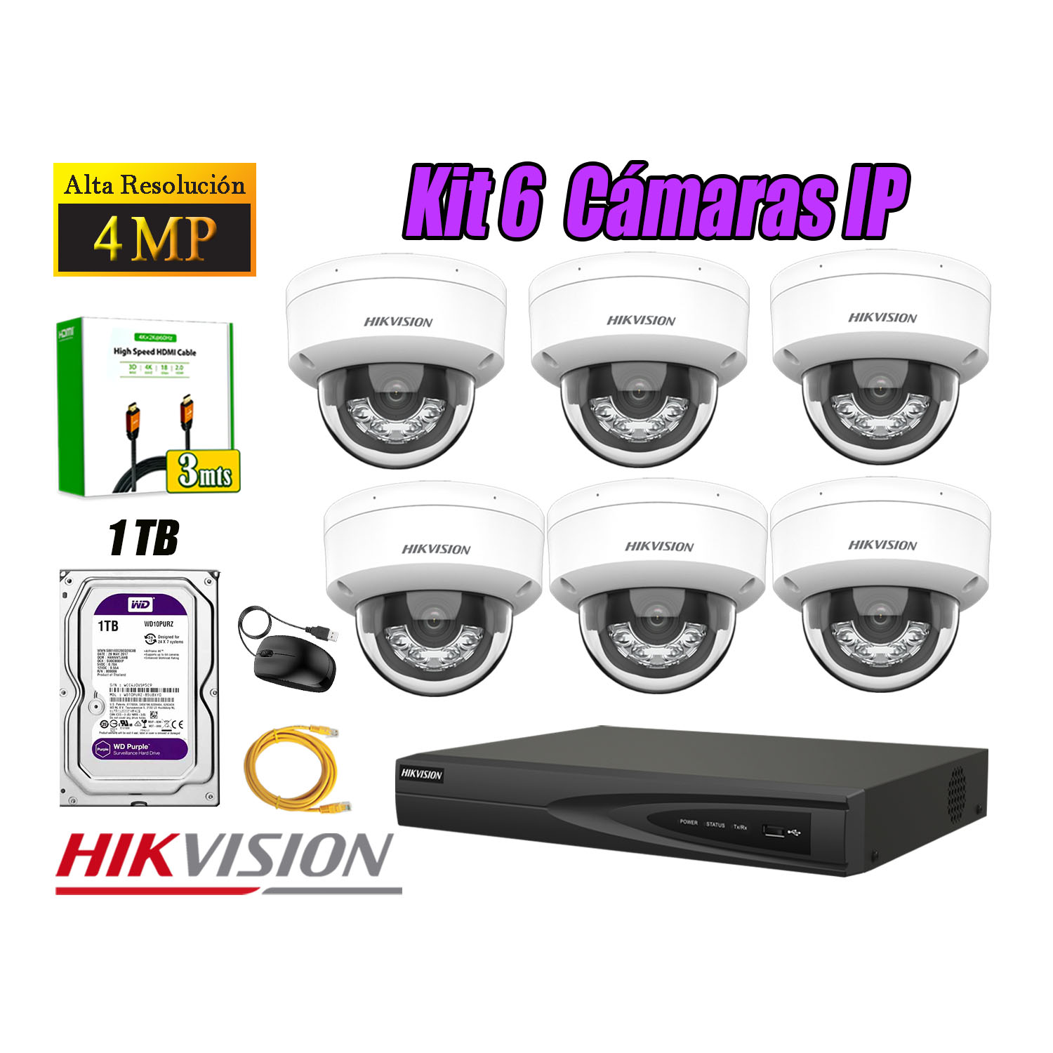 KIT 6 CÁMARA SEGURIDAD HIKVISION IP POE 4MP DOMO AUDIO ANTIVANDÁLICO DISCO 1TB - 1